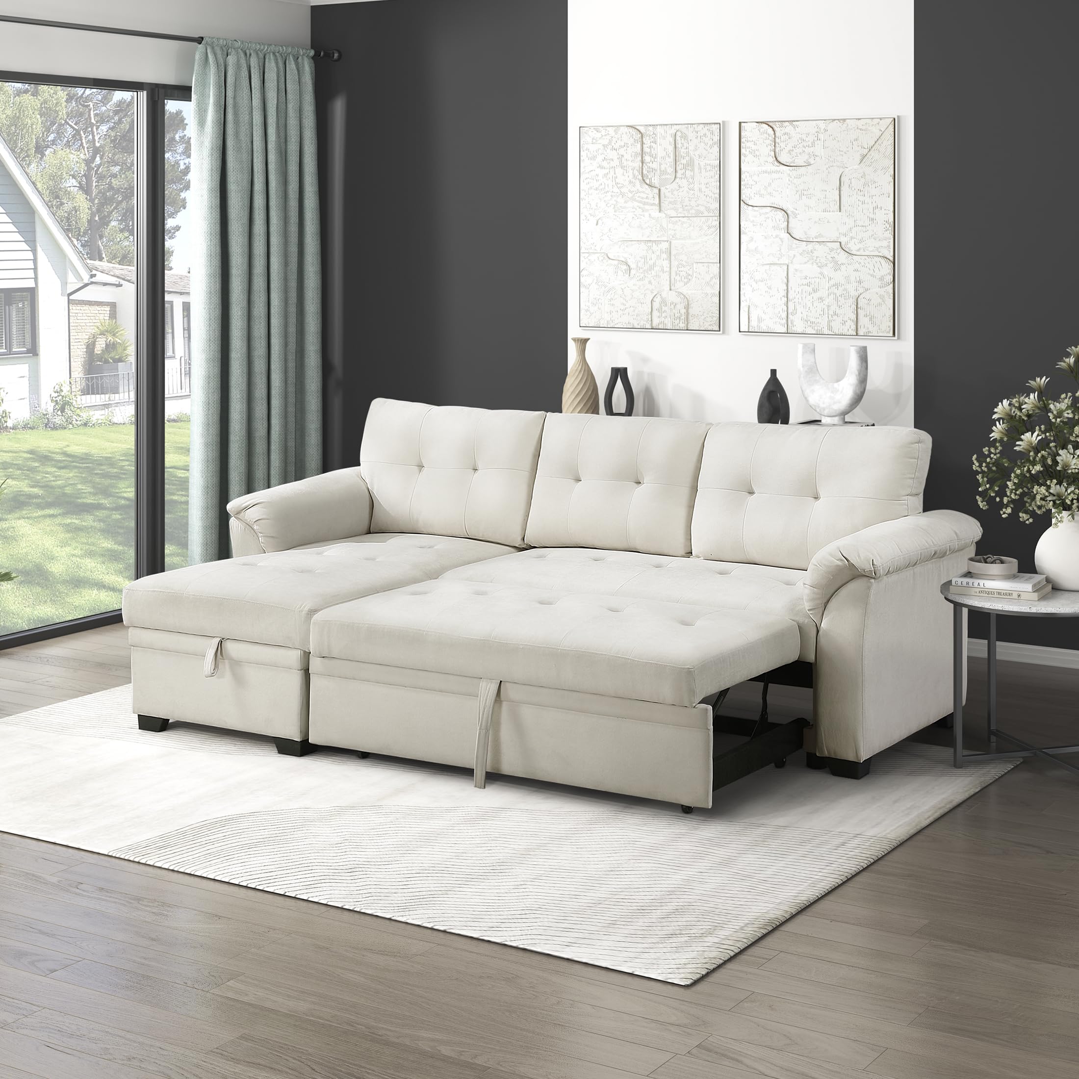 Lexicon Sectional Sleeper Sofa with Reversible Storage Chaise, Pull-Out Bed, Drop-Down Cup Holders, 3-Seater Tufted L-Shaped Sofa Bed, Comfy Fabric Pull Out Couch for Living Room/Apartment, Beige - Image 7