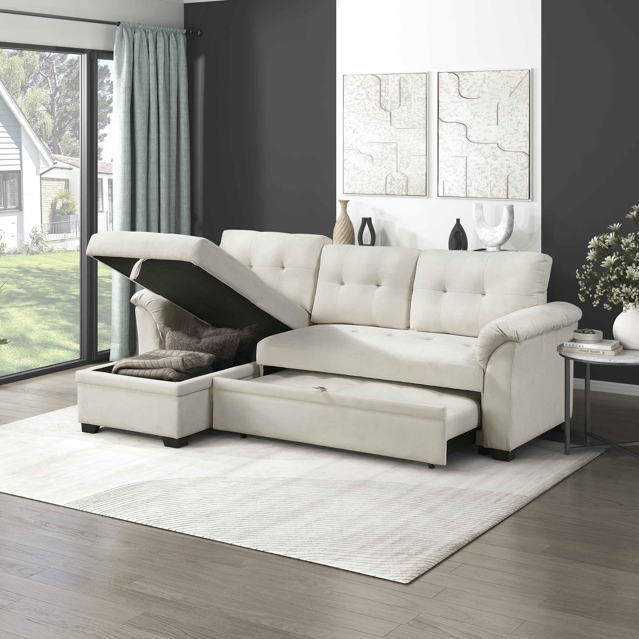 Lexicon Sectional Sleeper Sofa with Reversible Storage Chaise, Pull-Out Bed, Drop-Down Cup Holders, 3-Seater Tufted L-Shaped Sofa Bed, Comfy Fabric Pull Out Couch for Living Room/Apartment, Beige - Image 8