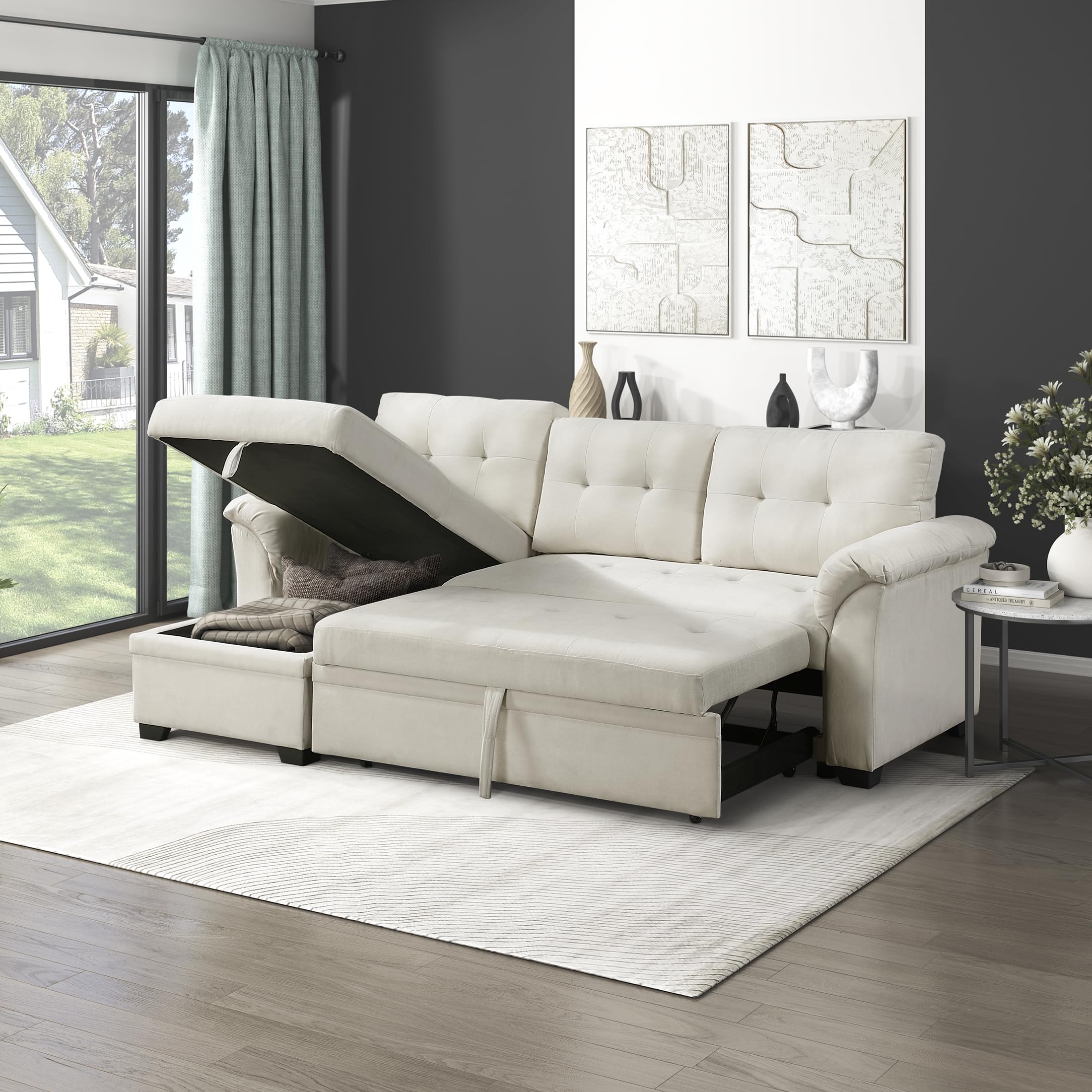 Lexicon Sectional Sleeper Sofa with Reversible Storage Chaise, Pull-Out Bed, Drop-Down Cup Holders, 3-Seater Tufted L-Shaped Sofa Bed, Comfy Fabric Pull Out Couch for Living Room/Apartment, Beige - Image 9