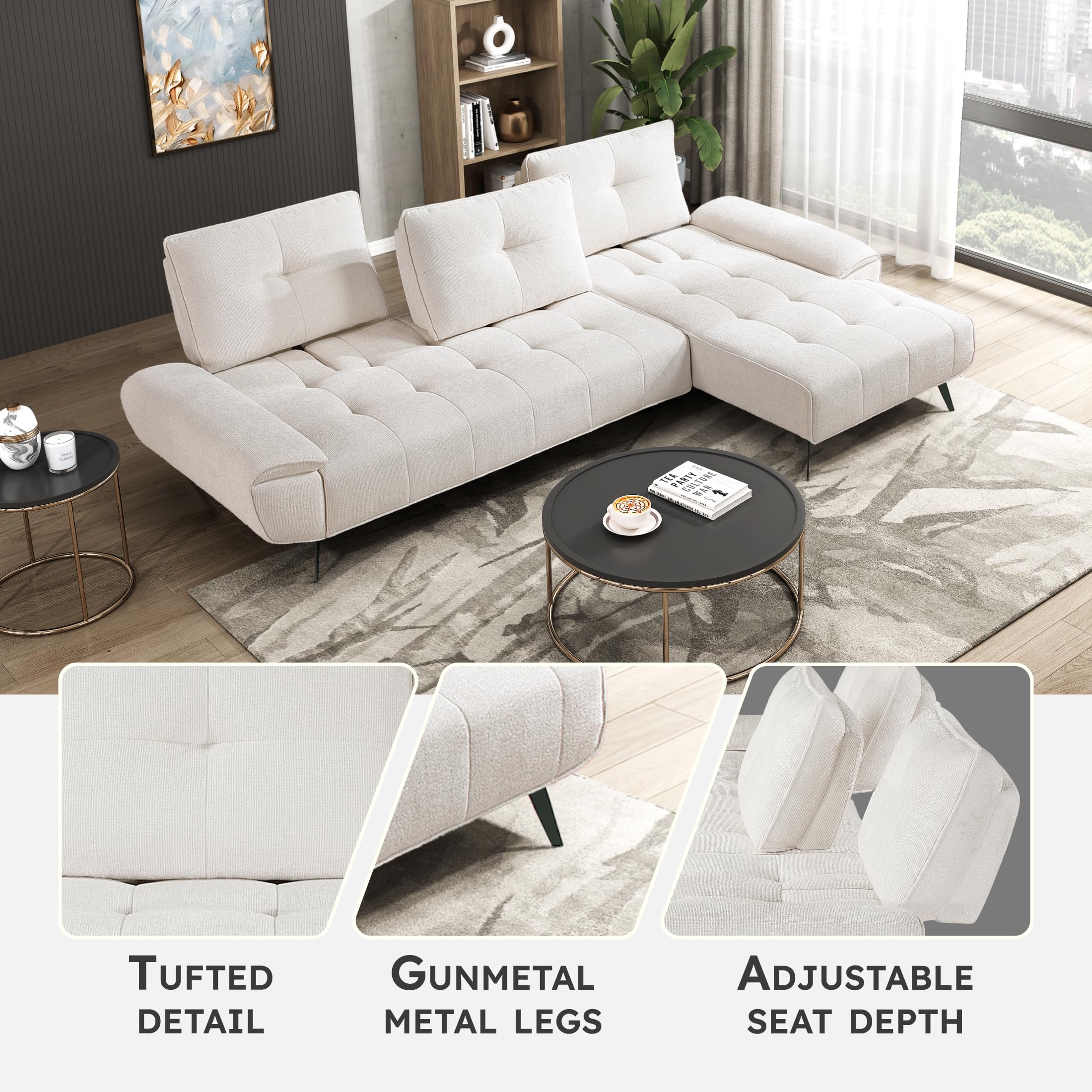 Lexicon Sectional Sofa Bed, Chenille L Shaped Sofa with Right Chaise with Adjustable Backrests for Dual Seat Depth, Tufted Cushion, Metal Legs, Sectional Couch for Living Room/Apartment, Beige - Image 3
