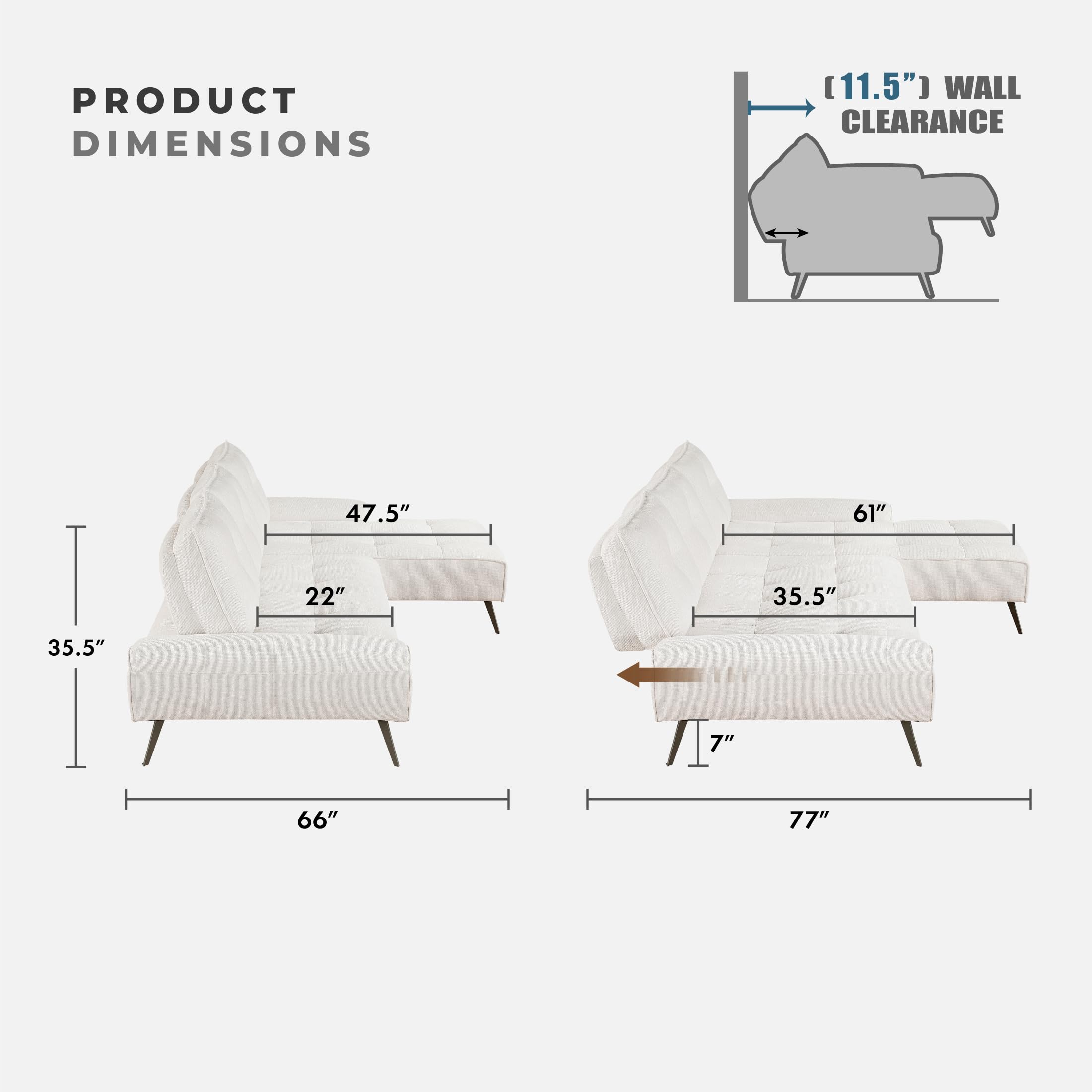 Lexicon Sectional Sofa Bed, Chenille L Shaped Sofa with Right Chaise with Adjustable Backrests for Dual Seat Depth, Tufted Cushion, Metal Legs, Sectional Couch for Living Room/Apartment, Beige - Image 4