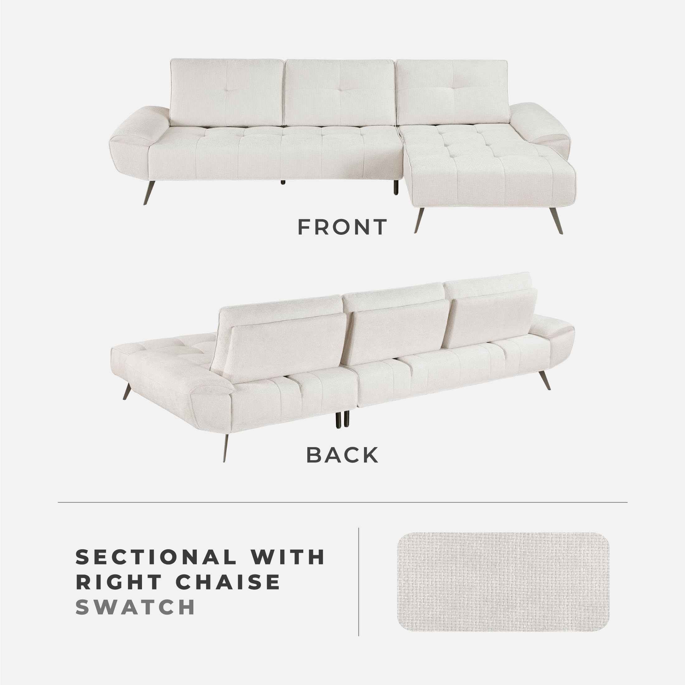 Lexicon Sectional Sofa Bed, Chenille L Shaped Sofa with Right Chaise with Adjustable Backrests for Dual Seat Depth, Tufted Cushion, Metal Legs, Sectional Couch for Living Room/Apartment, Beige - Image 5