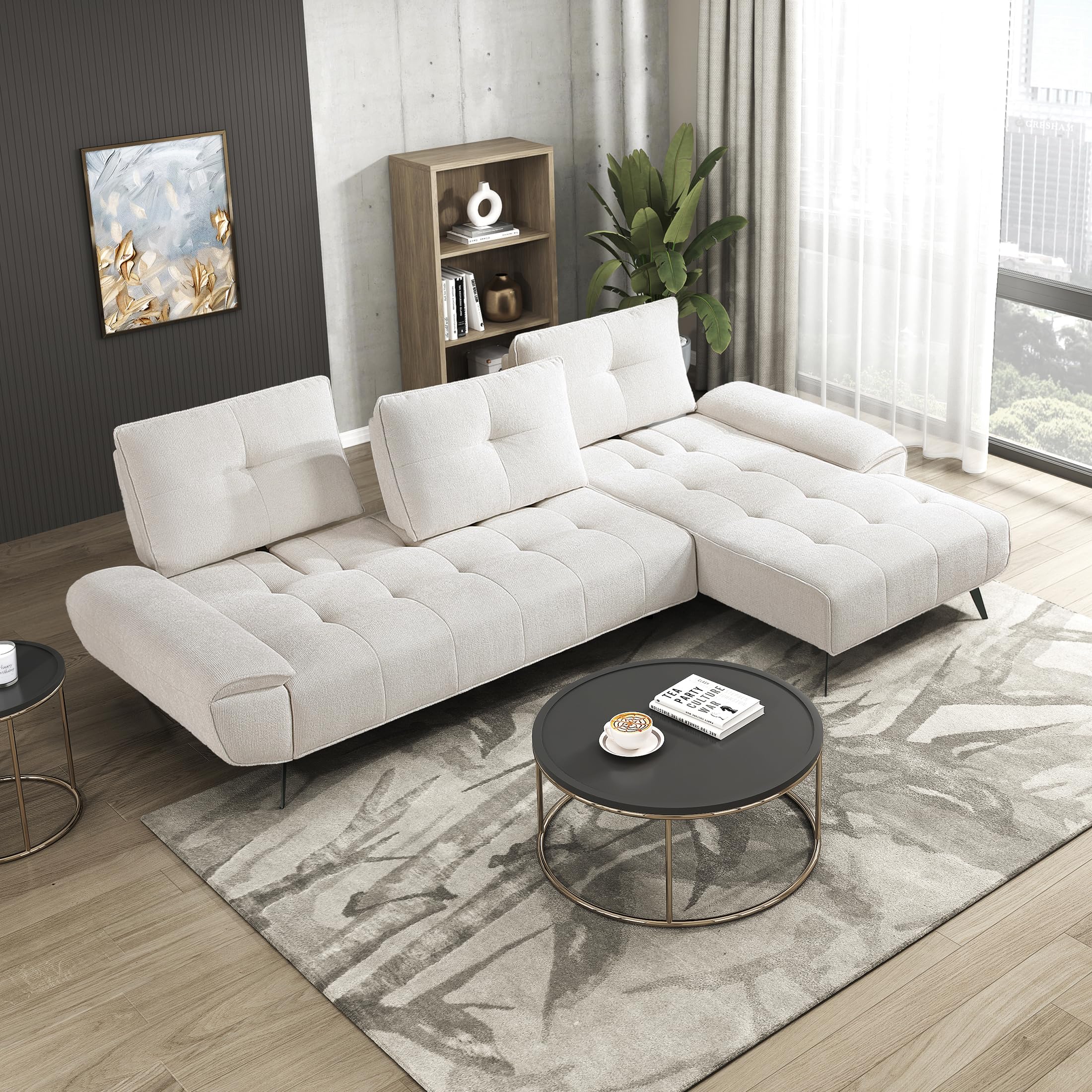 Lexicon Sectional Sofa Bed, Chenille L Shaped Sofa with Right Chaise with Adjustable Backrests for Dual Seat Depth, Tufted Cushion, Metal Legs, Sectional Couch for Living Room/Apartment, Beige - Image 6