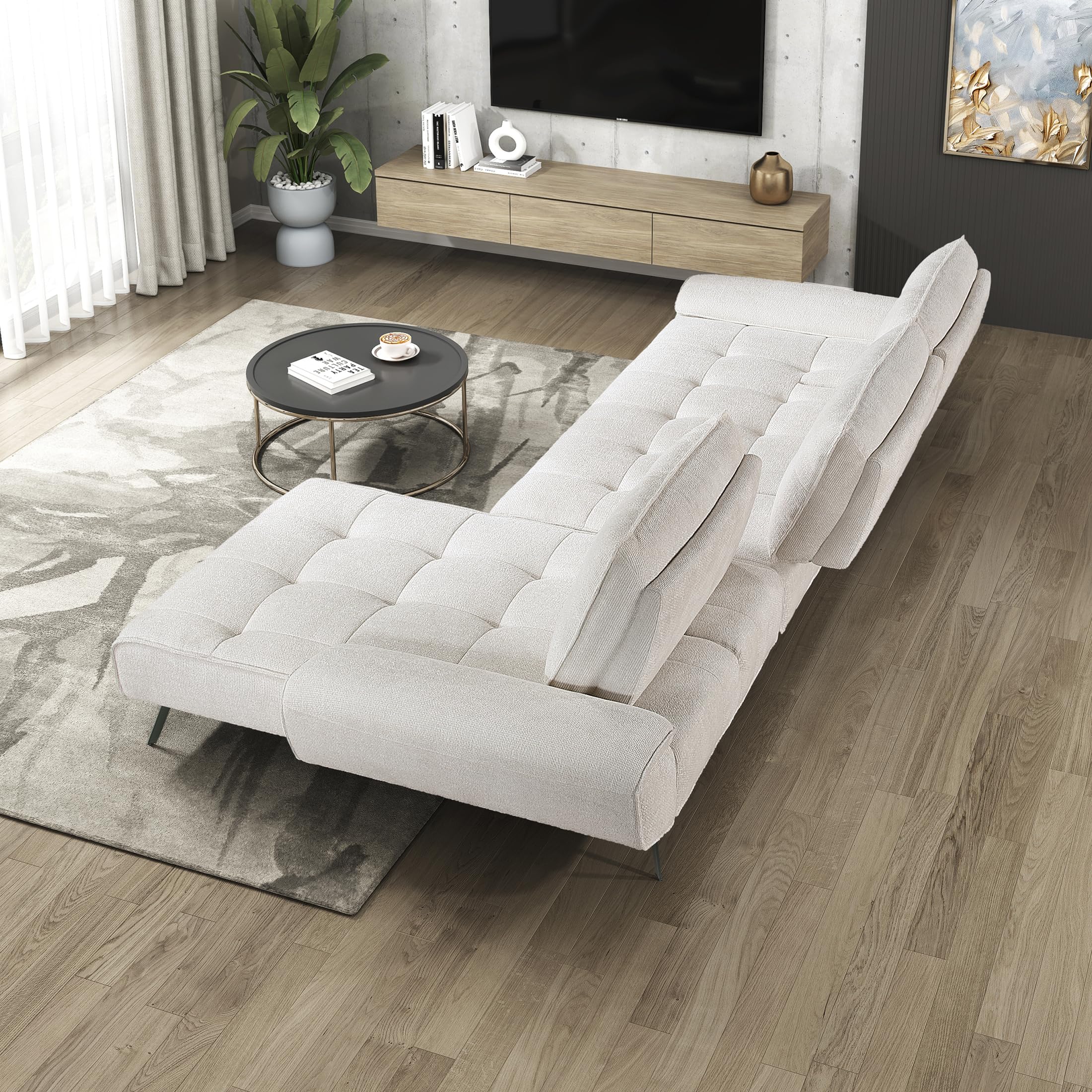 Lexicon Sectional Sofa Bed, Chenille L Shaped Sofa with Right Chaise with Adjustable Backrests for Dual Seat Depth, Tufted Cushion, Metal Legs, Sectional Couch for Living Room/Apartment, Beige - Image 7