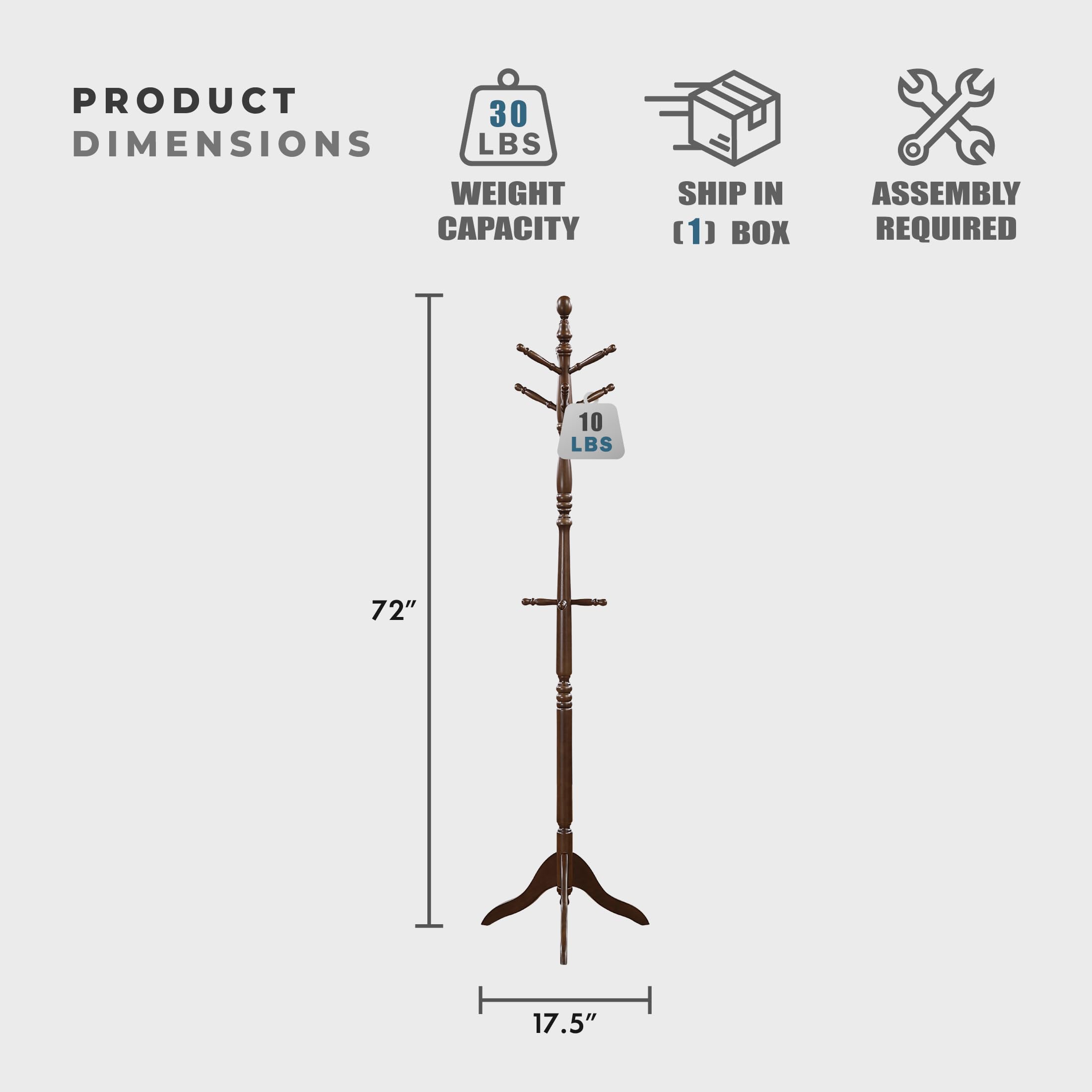 Lexicon Sturdy Solid Wood Coat Rack Stand with 10 Hanging Hooks for Hats,Scarves, Handbags, 3-Tier Wooden Coat Rack Freestanding Tree Used in Bedroom, Entryway, Hallway, Office, Dark Brown - Image 3