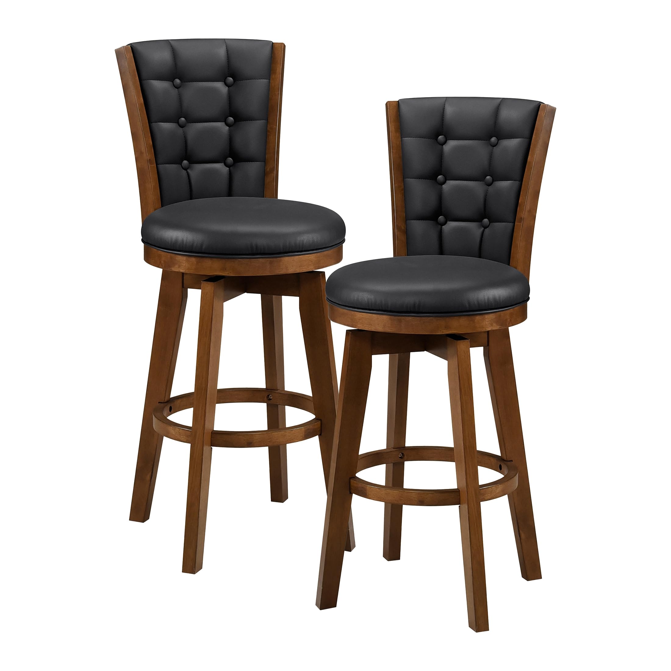Lexicon Swivel Bar Stools Set of 2, Bar Height Stools for Kitchen Island, Kitchen Stools with Backs, Chestnut Finish and Black Faux Leather Cushion Seat - Image 3