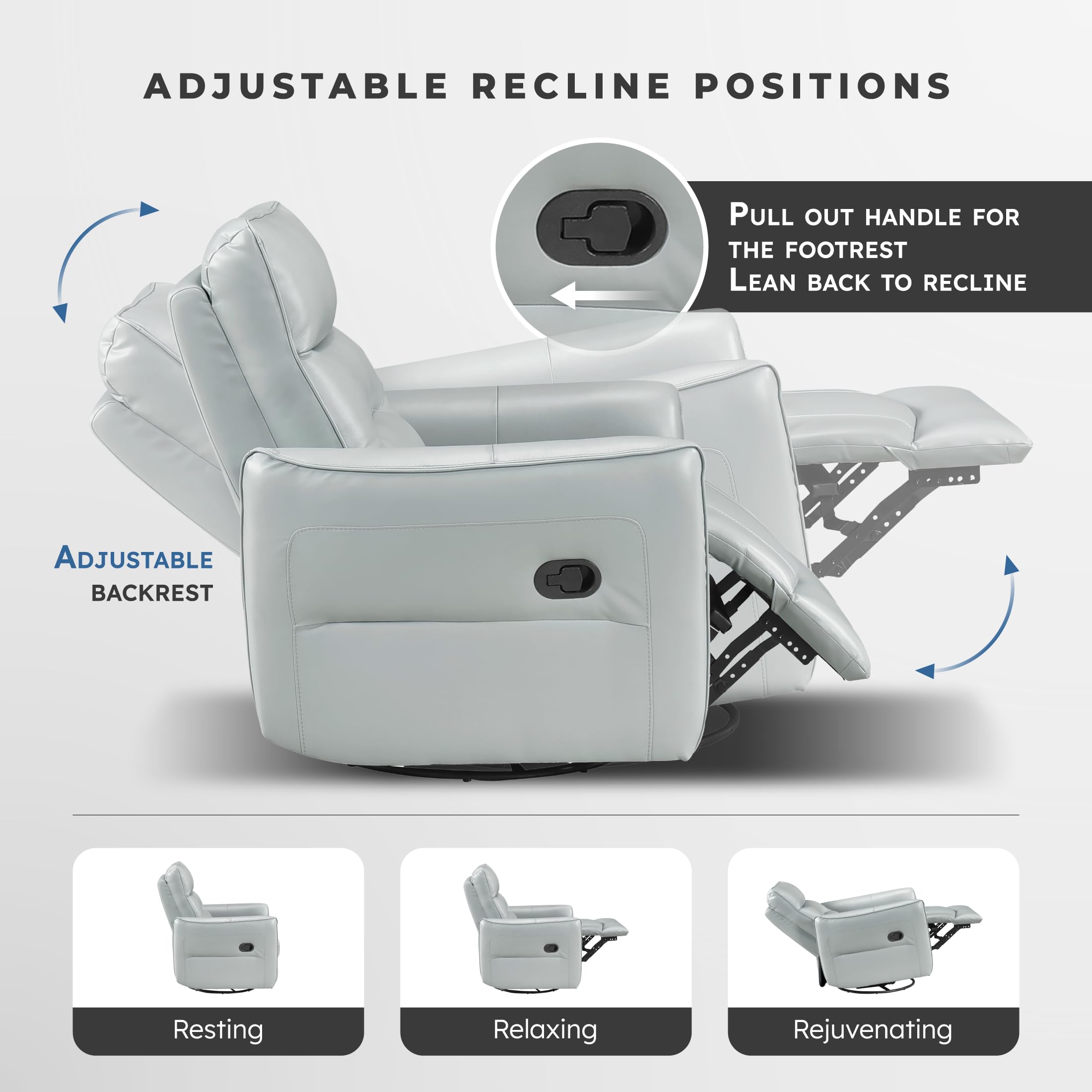 Lexicon Swivel Glider Reclining Chair, Top Grain Leather Match Manual Recliner, Comfy Nursery Glider Recliner, Swivel Reclining Chair for Living Room/Office/Bedroom/Apartment, Aqua - Image 4