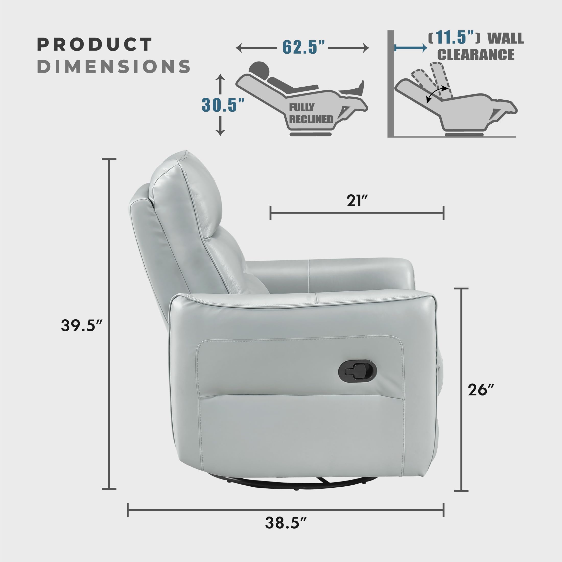 Lexicon Swivel Glider Reclining Chair, Top Grain Leather Match Manual Recliner, Comfy Nursery Glider Recliner, Swivel Reclining Chair for Living Room/Office/Bedroom/Apartment, Aqua - Image 5