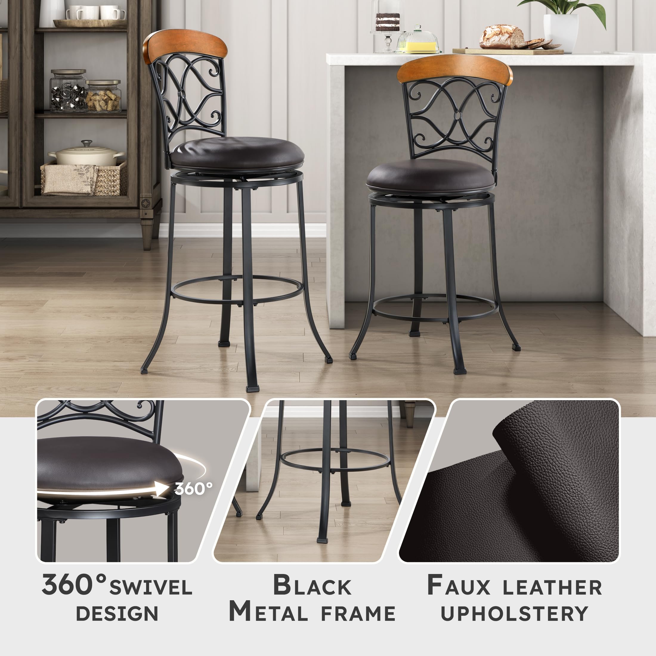 Lexicon Swivel Pub Height Barstool, Modern Black Metal Kitchen Pub Height Barstool with Back, Brown Faux Leather Upholstery Seat for Kitchen Island, 29" SH, Black/Brown - Image 3