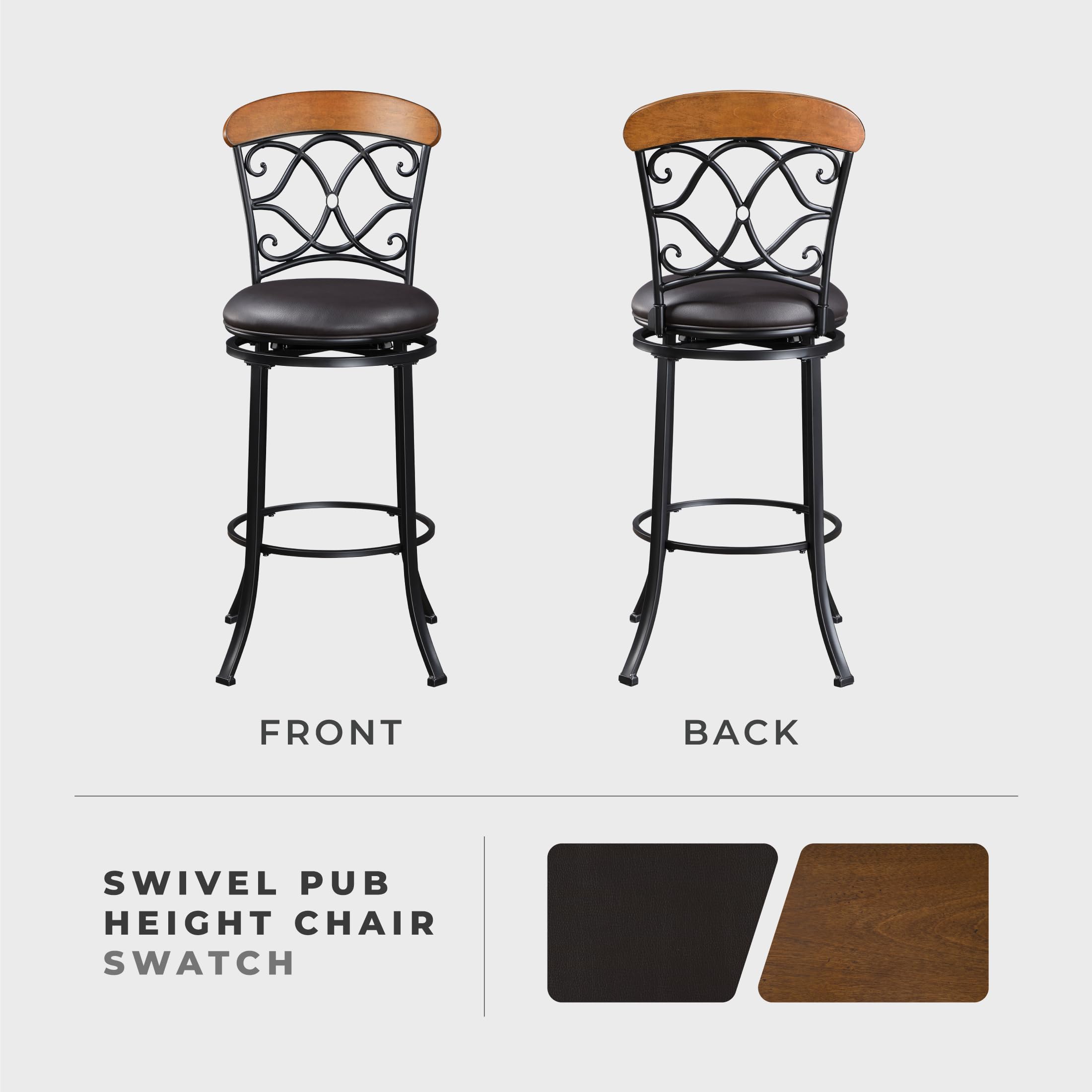 Lexicon Swivel Pub Height Barstool, Modern Black Metal Kitchen Pub Height Barstool with Back, Brown Faux Leather Upholstery Seat for Kitchen Island, 29" SH, Black/Brown - Image 4