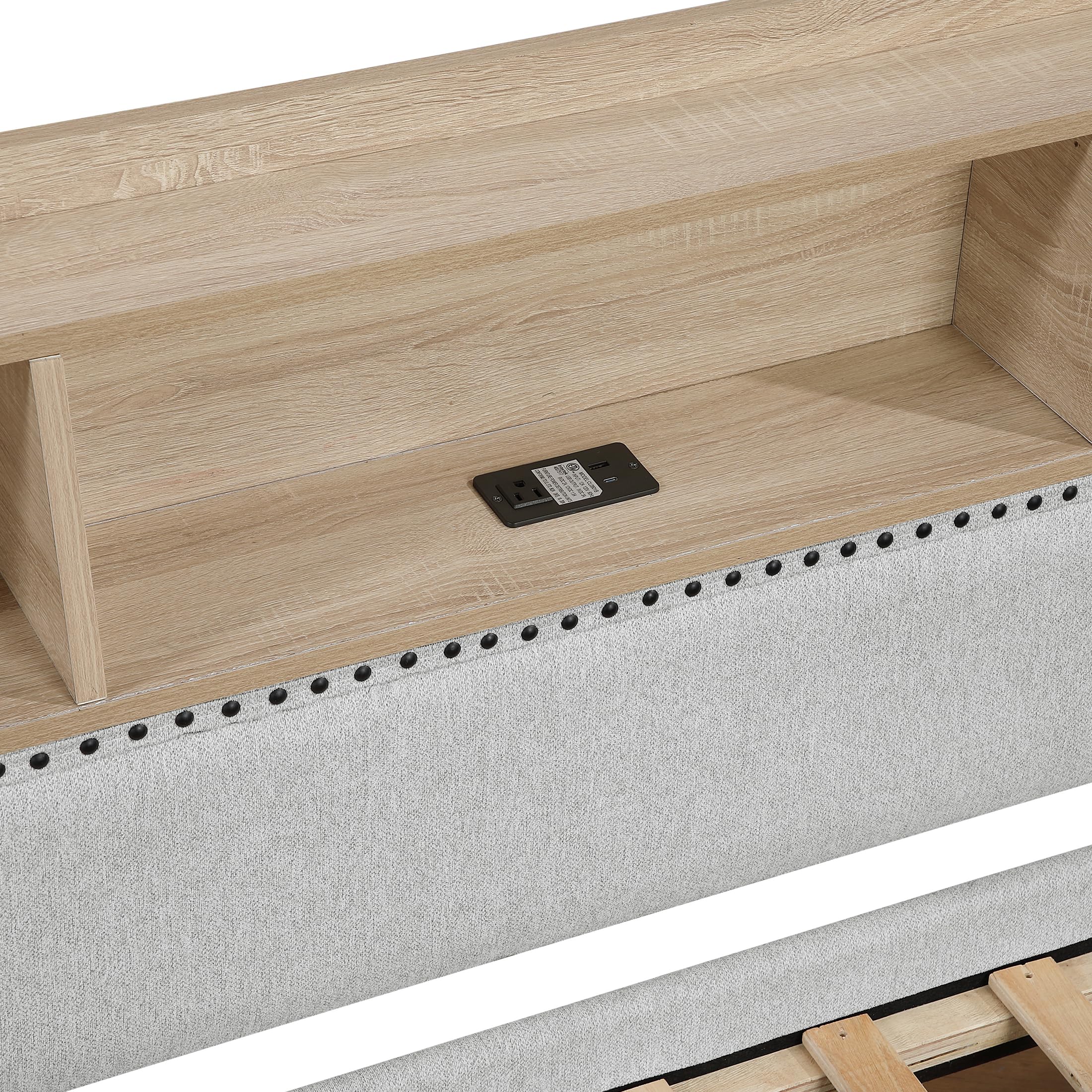 Lexicon Twin Size Daybed with Trundle, Storage Shelf, Built-in USB Charging Ports, Power Outlet, Nailhead Trim, Linen Like Upholstered Day Bed Sofa for Living Room, Bedroom, Guest, Light Gray - Image 10