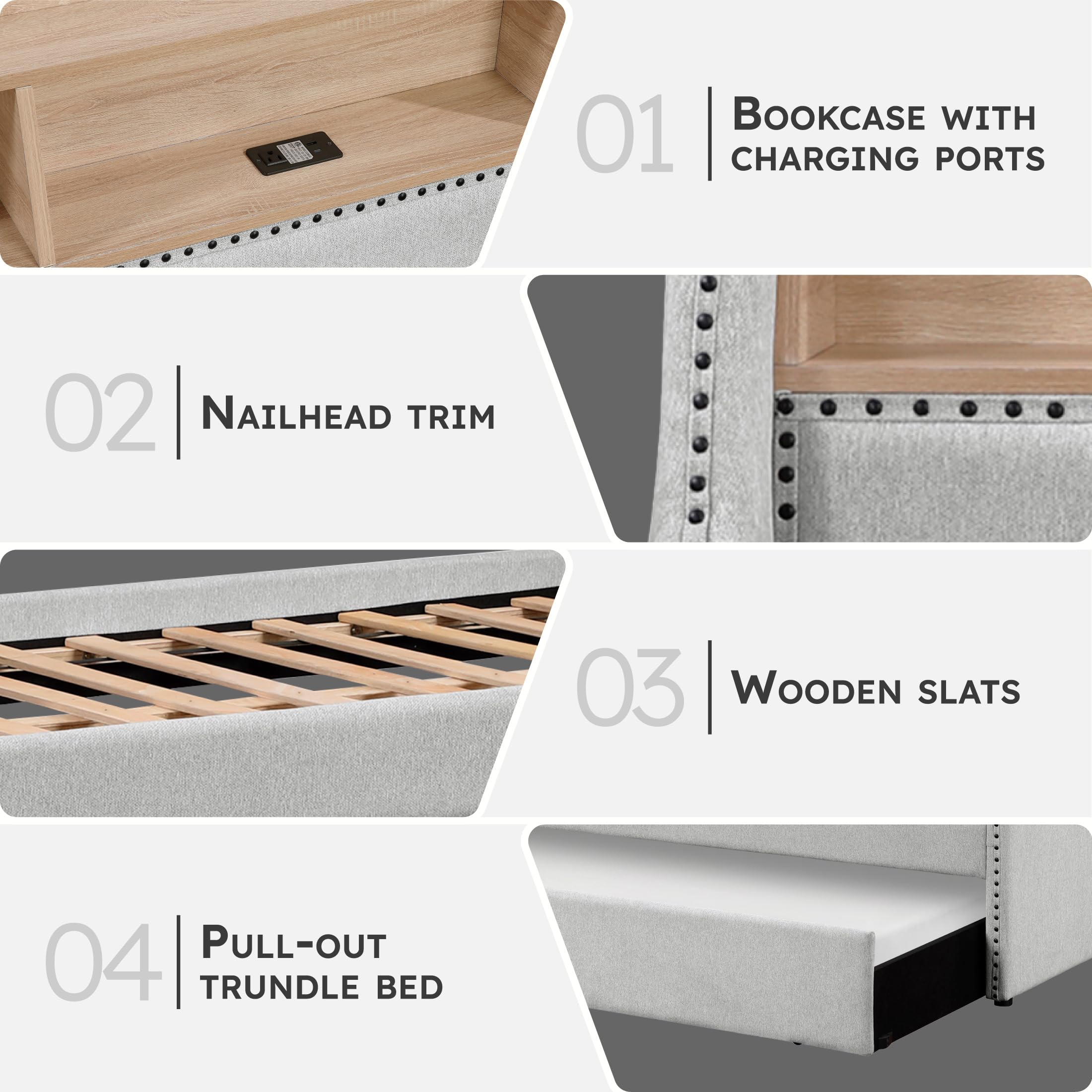 Lexicon Twin Size Daybed with Trundle, Storage Shelf, Built-in USB Charging Ports, Power Outlet, Nailhead Trim, Linen Like Upholstered Day Bed Sofa for Living Room, Bedroom, Guest, Light Gray - Image 3