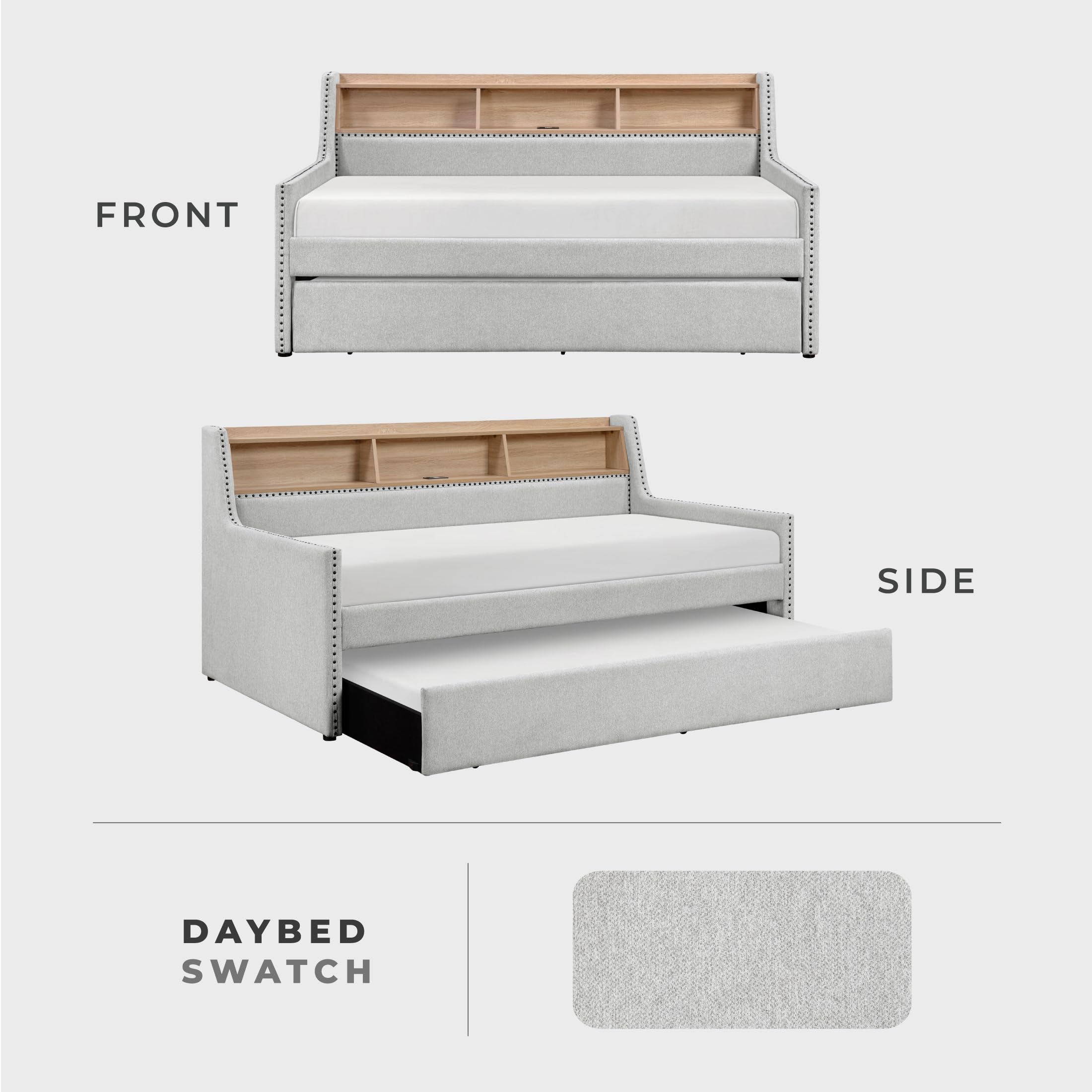 Lexicon Twin Size Daybed with Trundle, Storage Shelf, Built-in USB Charging Ports, Power Outlet, Nailhead Trim, Linen Like Upholstered Day Bed Sofa for Living Room, Bedroom, Guest, Light Gray - Image 4