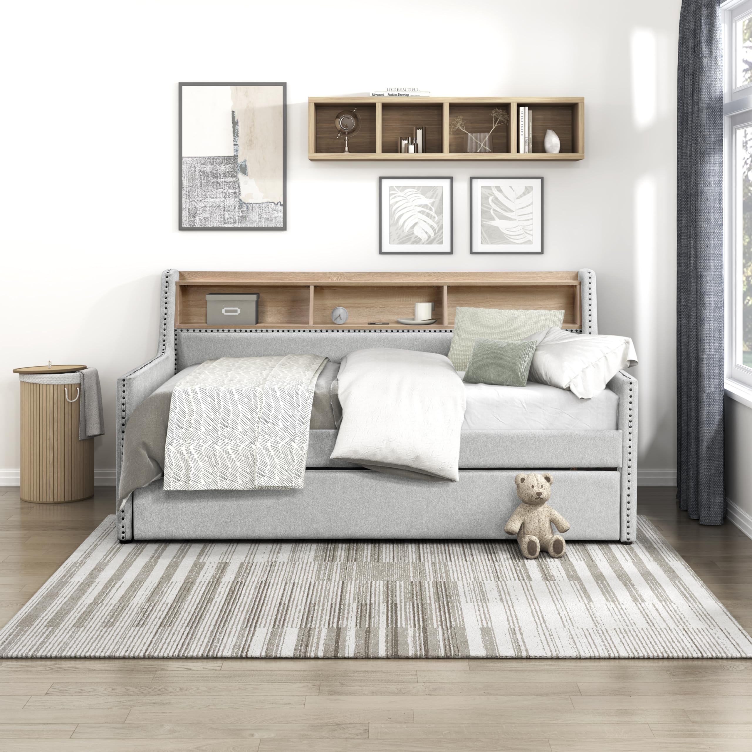 Lexicon Twin Size Daybed with Trundle, Storage Shelf, Built-in USB Charging Ports, Power Outlet, Nailhead Trim, Linen Like Upholstered Day Bed Sofa for Living Room, Bedroom, Guest, Light Gray - Image 5