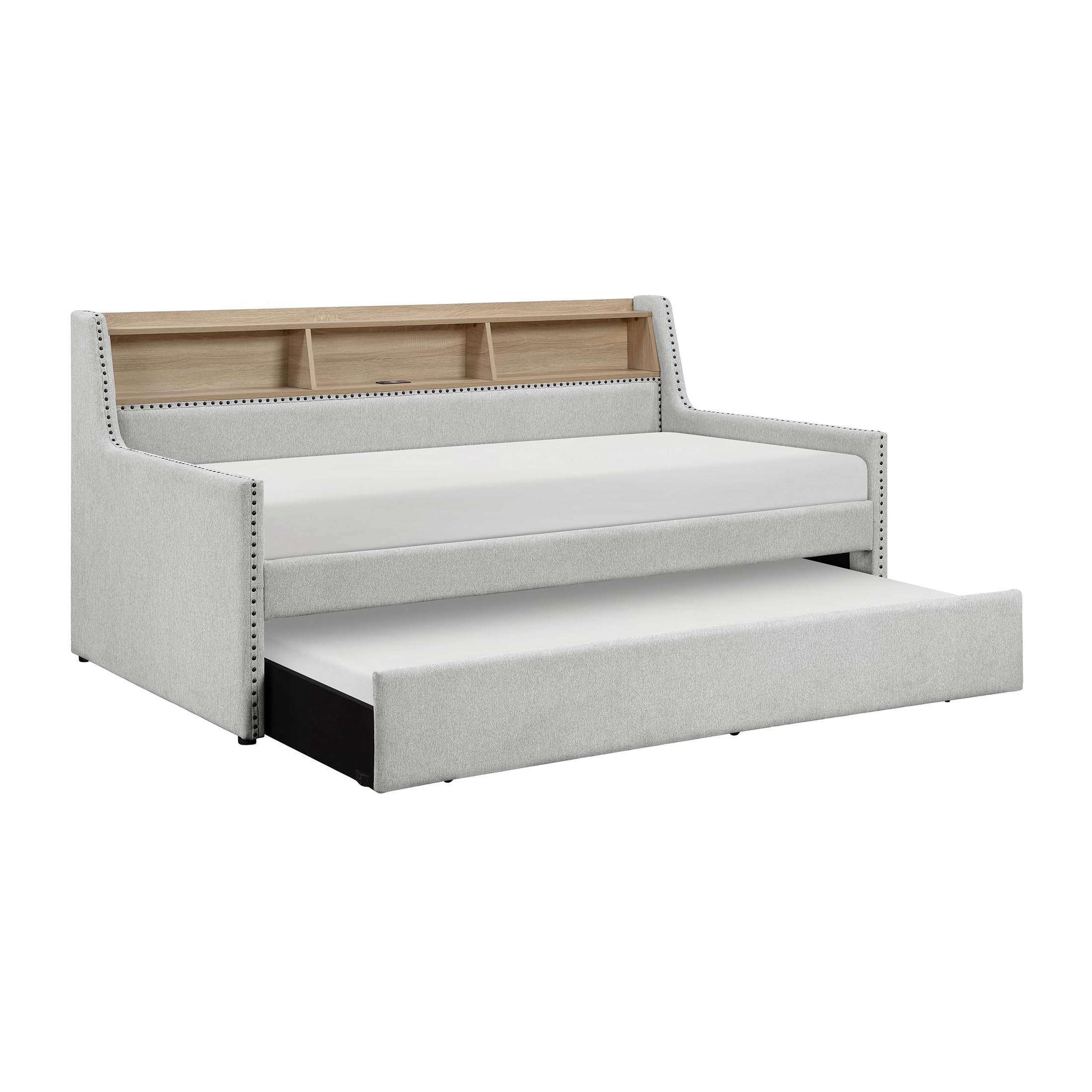 Lexicon Twin Size Daybed with Trundle, Storage Shelf, Built-in USB Charging Ports, Power Outlet, Nailhead Trim, Linen Like Upholstered Day Bed Sofa for Living Room, Bedroom, Guest, Light Gray - Image 6