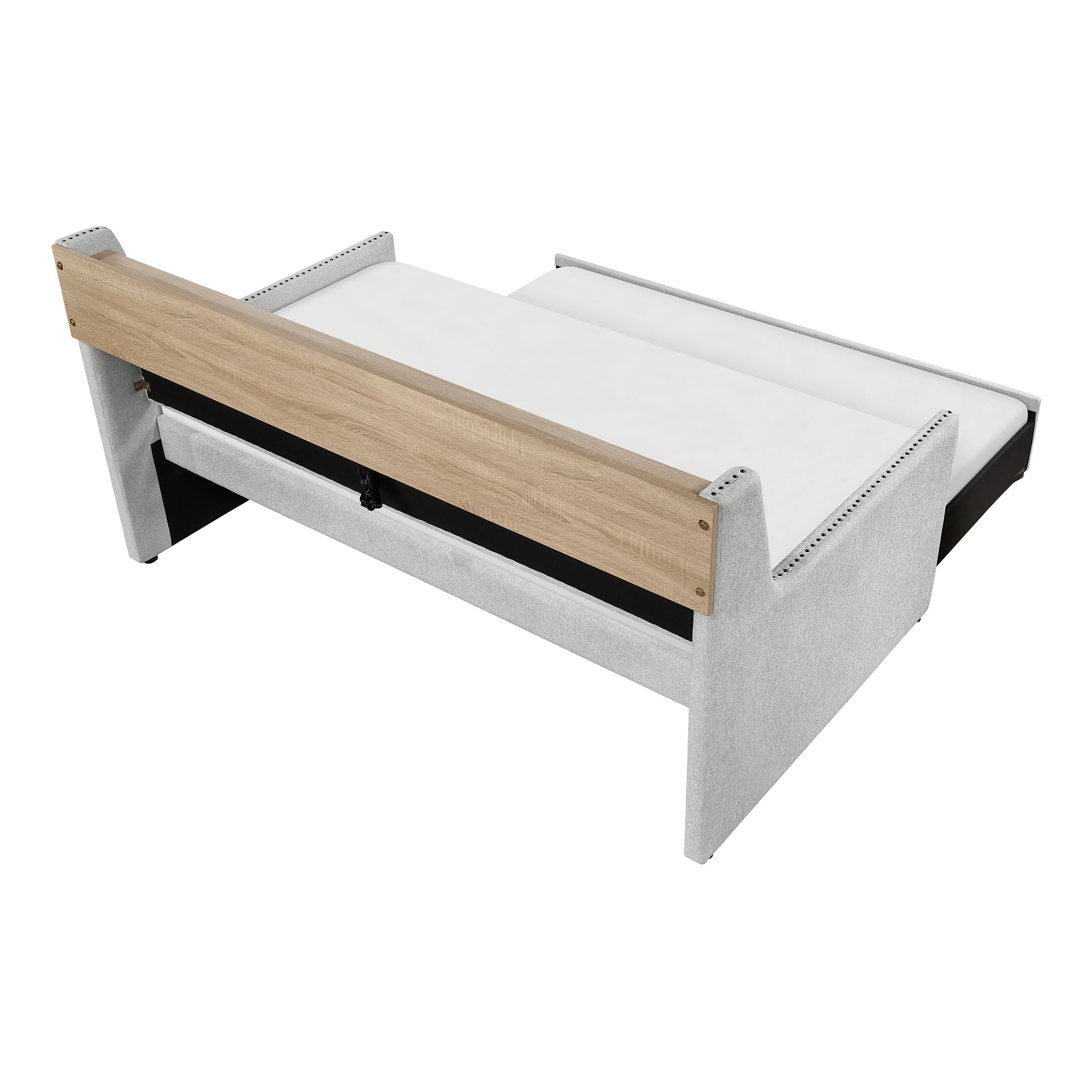 Lexicon Twin Size Daybed with Trundle, Storage Shelf, Built-in USB Charging Ports, Power Outlet, Nailhead Trim, Linen Like Upholstered Day Bed Sofa for Living Room, Bedroom, Guest, Light Gray - Image 7