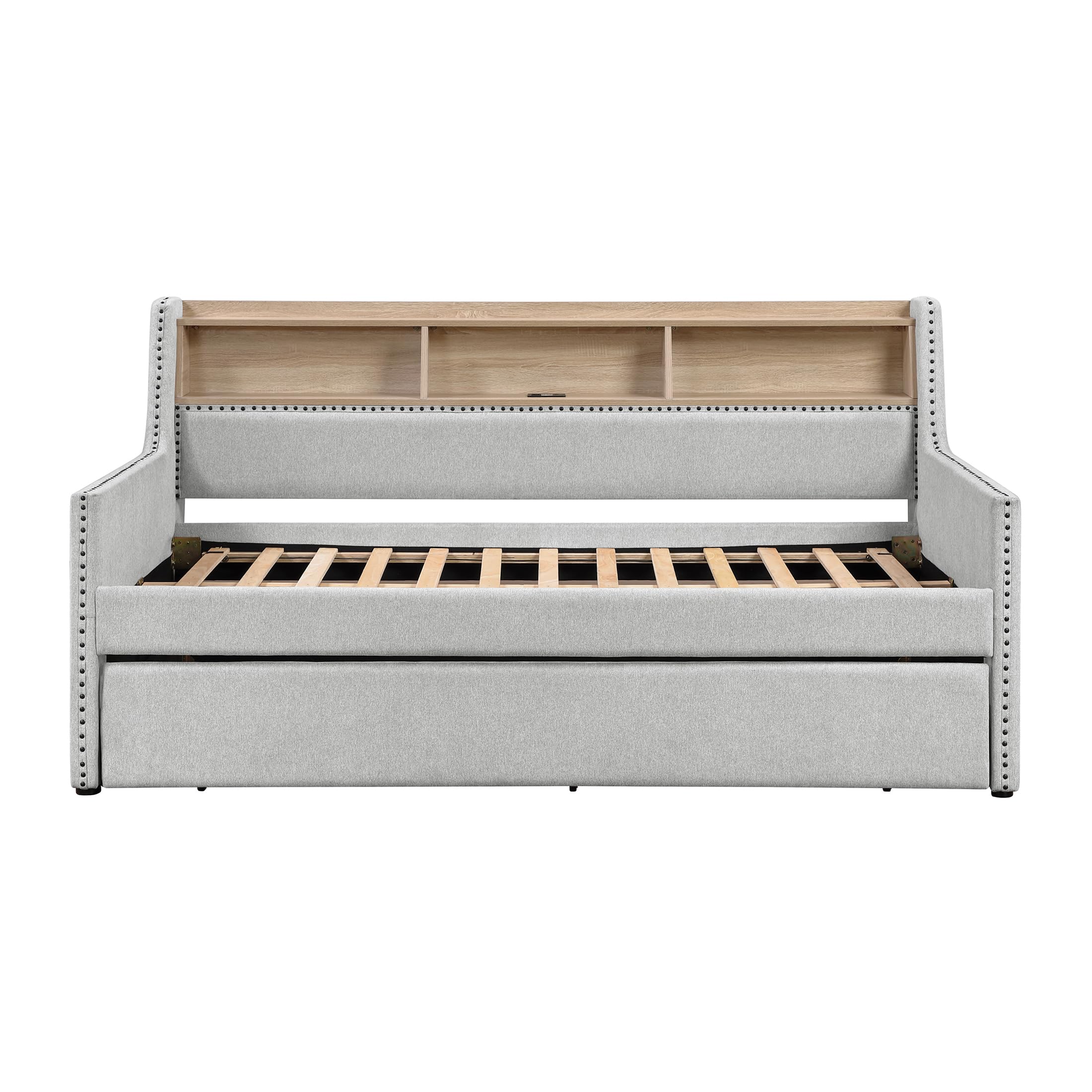 Lexicon Twin Size Daybed with Trundle, Storage Shelf, Built-in USB Charging Ports, Power Outlet, Nailhead Trim, Linen Like Upholstered Day Bed Sofa for Living Room, Bedroom, Guest, Light Gray - Image 8