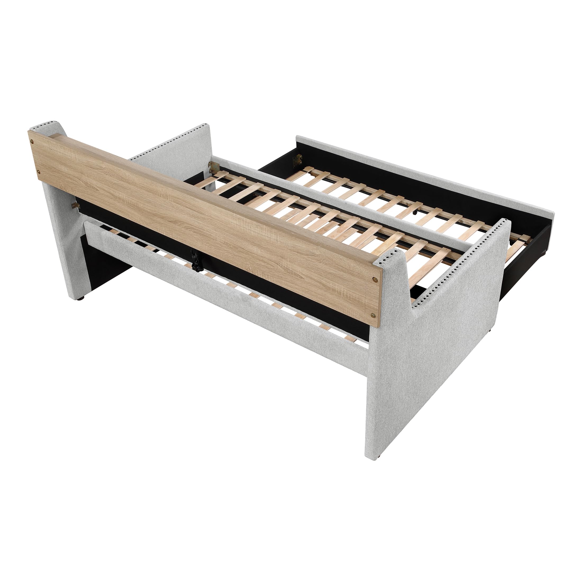 Lexicon Twin Size Daybed with Trundle, Storage Shelf, Built-in USB Charging Ports, Power Outlet, Nailhead Trim, Linen Like Upholstered Day Bed Sofa for Living Room, Bedroom, Guest, Light Gray - Image 9