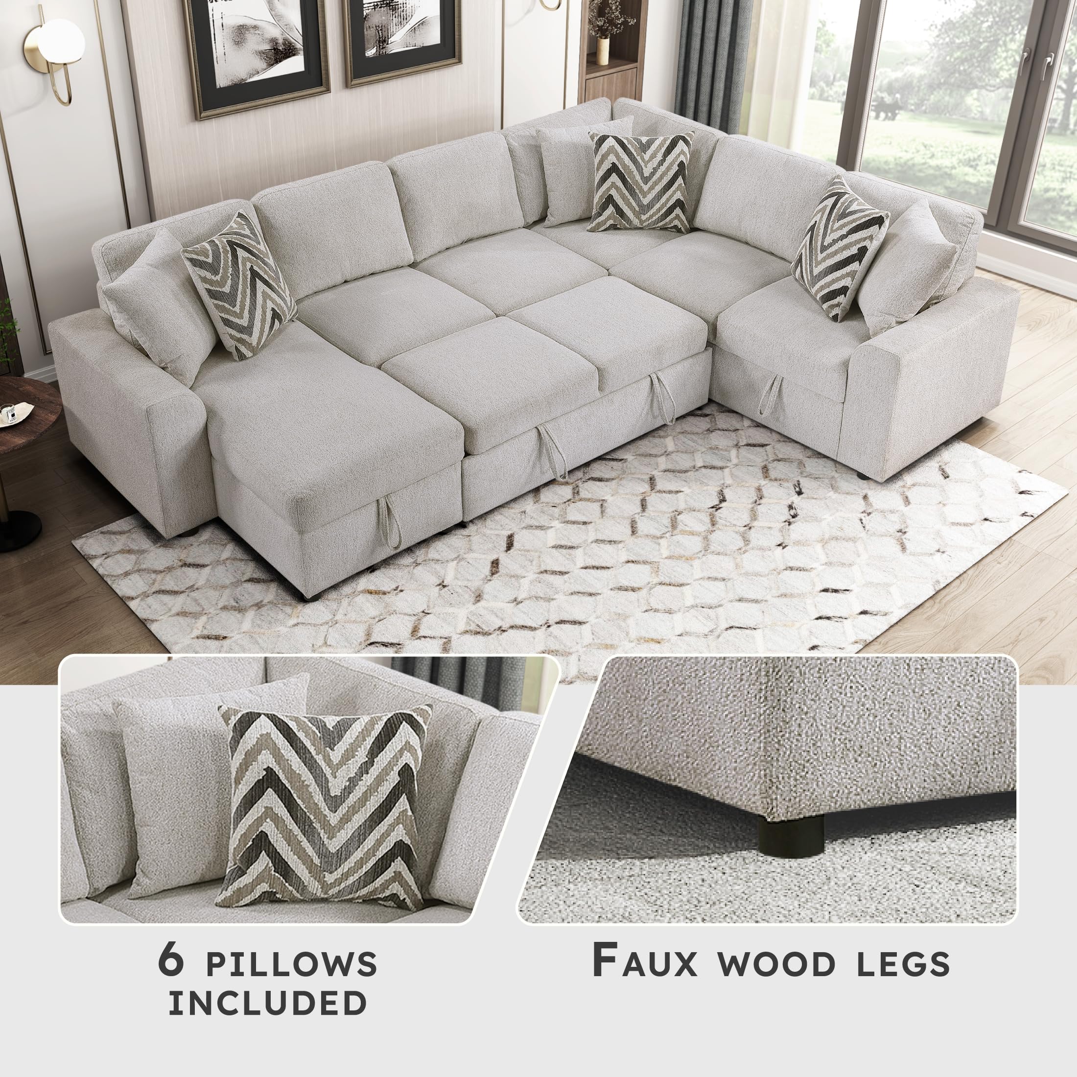 Lexicon U-Shape Sectional Sofa with Pull-Out Bed, Chenille Sectional Sleeper Sofa with Left Storage Chaise, Hidden Storage, 6 Pillows for Living Room, 6 Seater, Beige - Image 3