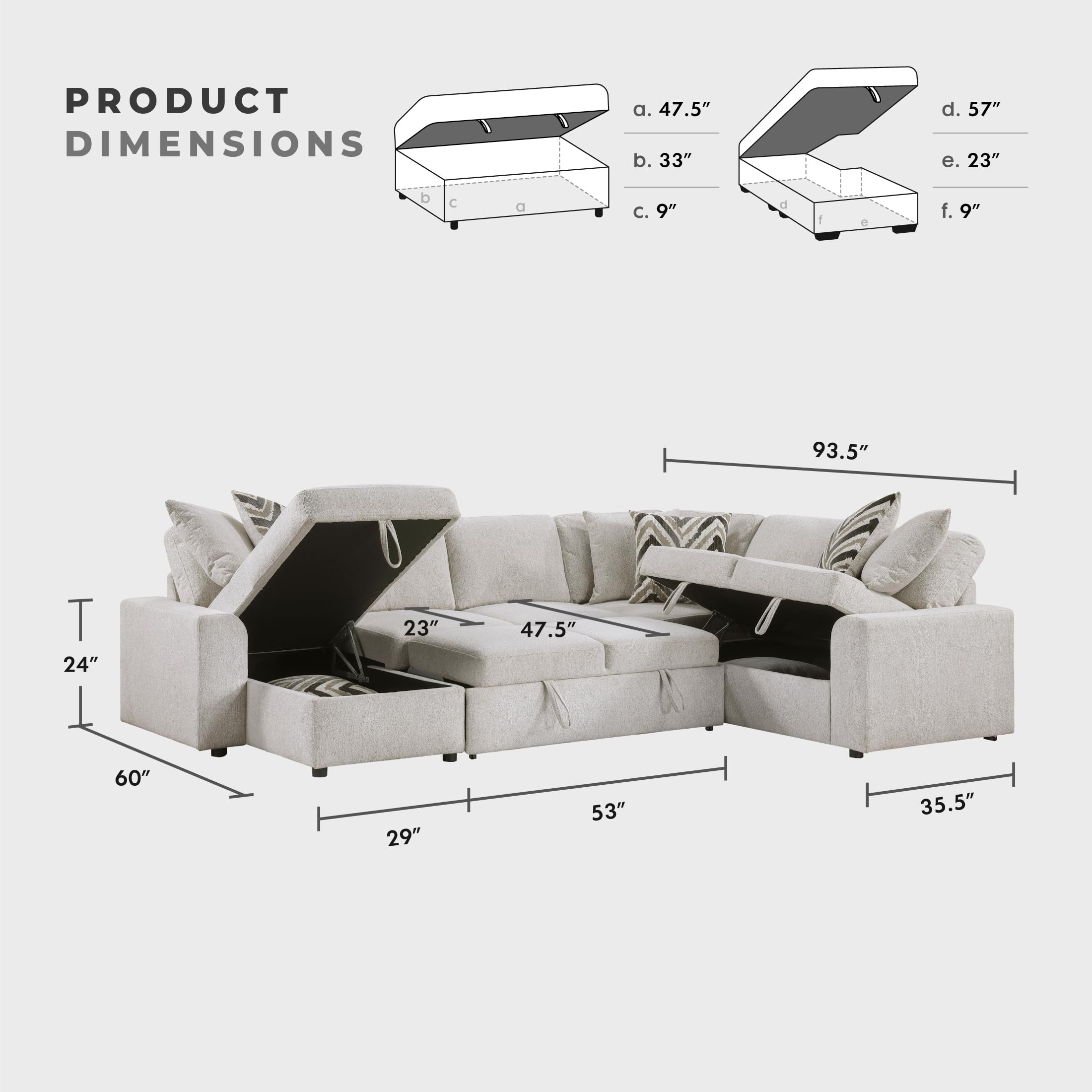 Lexicon U-Shape Sectional Sofa with Pull-Out Bed, Chenille Sectional Sleeper Sofa with Left Storage Chaise, Hidden Storage, 6 Pillows for Living Room, 6 Seater, Beige - Image 4