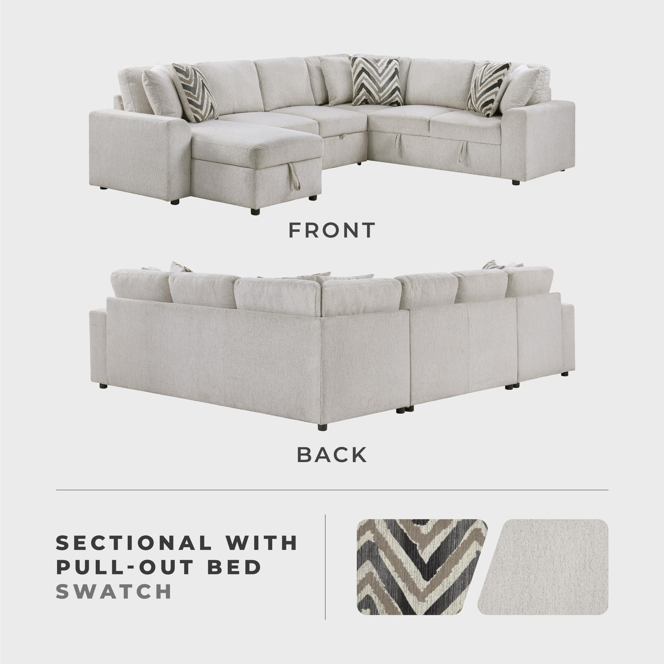 Lexicon U-Shape Sectional Sofa with Pull-Out Bed, Chenille Sectional Sleeper Sofa with Left Storage Chaise, Hidden Storage, 6 Pillows for Living Room, 6 Seater, Beige - Image 5