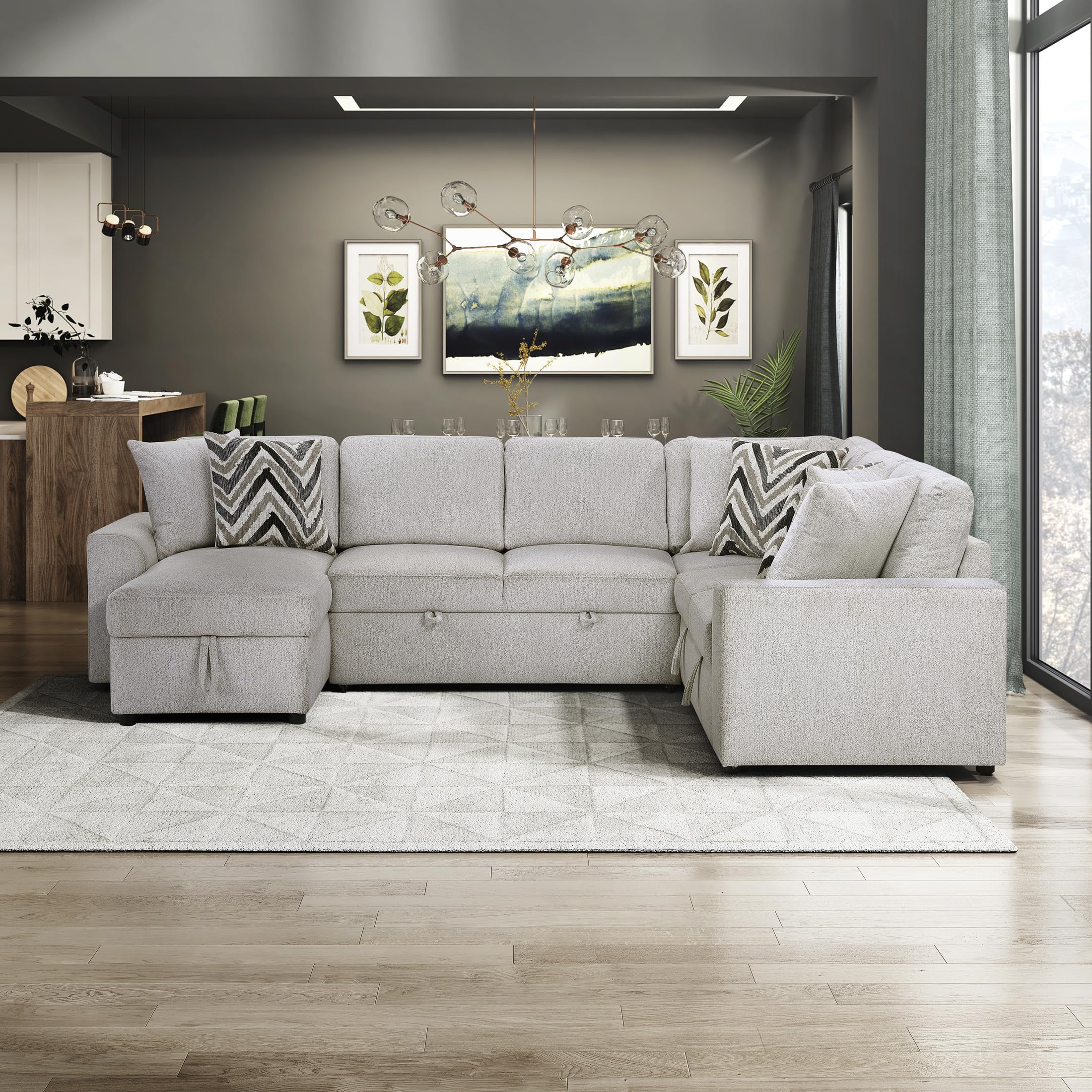 Lexicon U-Shape Sectional Sofa with Pull-Out Bed, Chenille Sectional Sleeper Sofa with Left Storage Chaise, Hidden Storage, 6 Pillows for Living Room, 6 Seater, Beige - Image 6