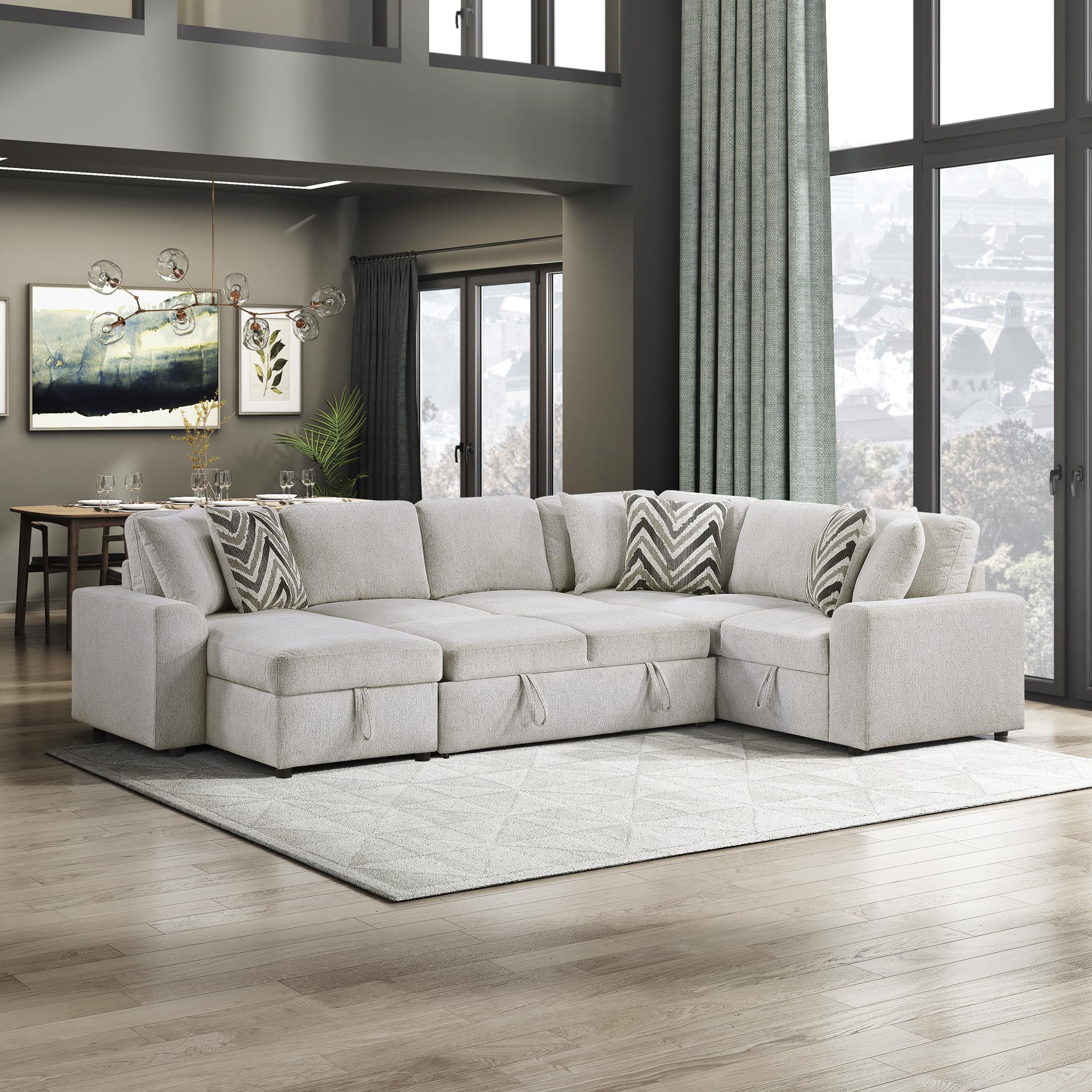 Lexicon U-Shape Sectional Sofa with Pull-Out Bed, Chenille Sectional Sleeper Sofa with Left Storage Chaise, Hidden Storage, 6 Pillows for Living Room, 6 Seater, Beige - Image 7