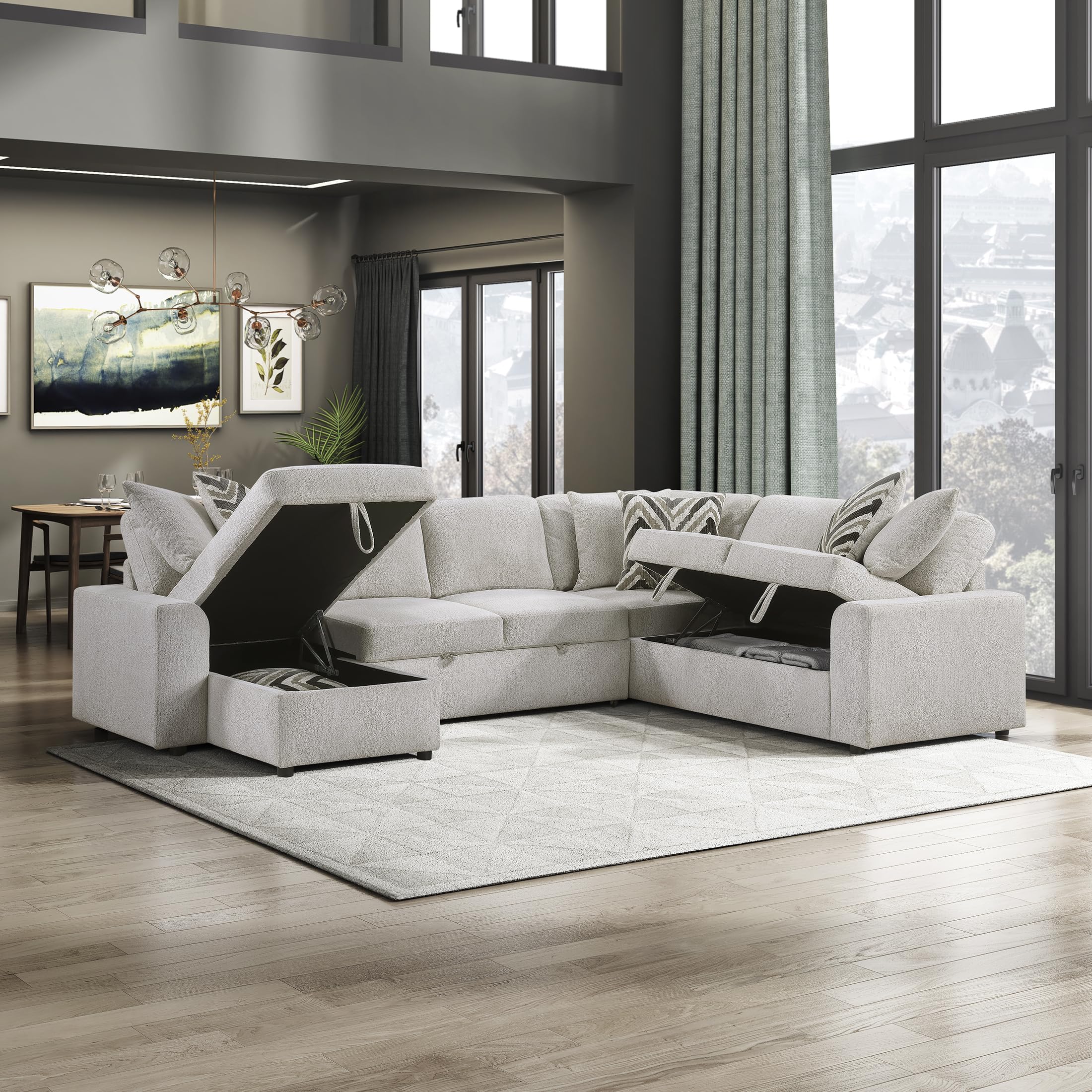 Lexicon U-Shape Sectional Sofa with Pull-Out Bed, Chenille Sectional Sleeper Sofa with Left Storage Chaise, Hidden Storage, 6 Pillows for Living Room, 6 Seater, Beige - Image 8