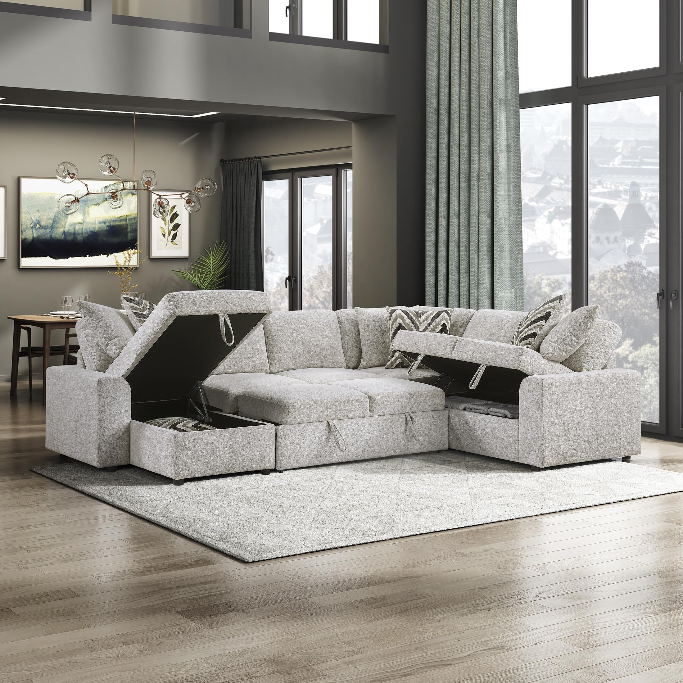 Lexicon U-Shape Sectional Sofa with Pull-Out Bed, Chenille Sectional Sleeper Sofa with Left Storage Chaise, Hidden Storage, 6 Pillows for Living Room, 6 Seater, Beige - Image 9