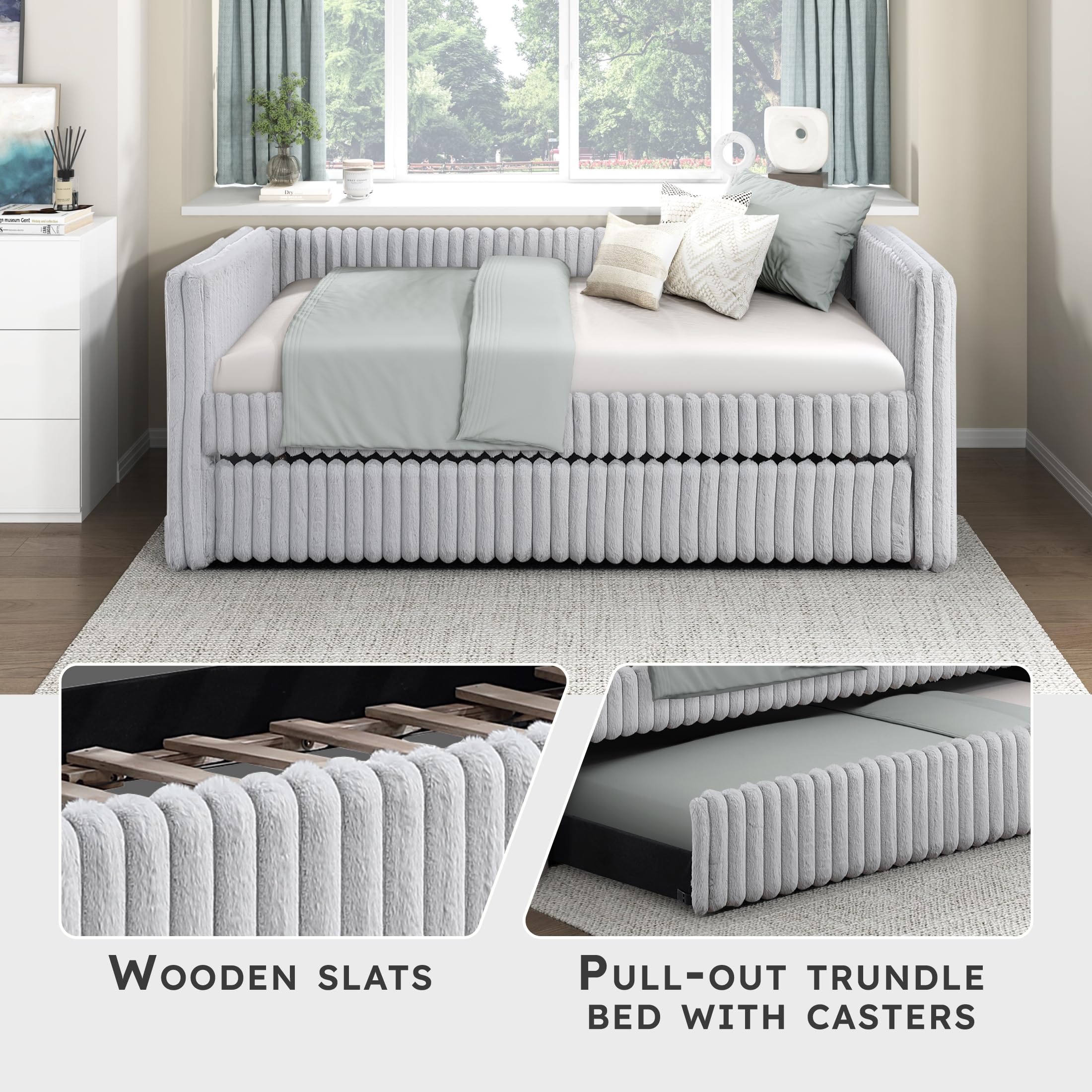 Lexicon Upholstered Daybed with Trundle, Corduroy Fabric Frame, Tufted, Backrest, Wood Slat Support, Trundle Sofa Bed for Bedroom, Guest Room, No Box Spring Needed, Twin, Gray - Image 3