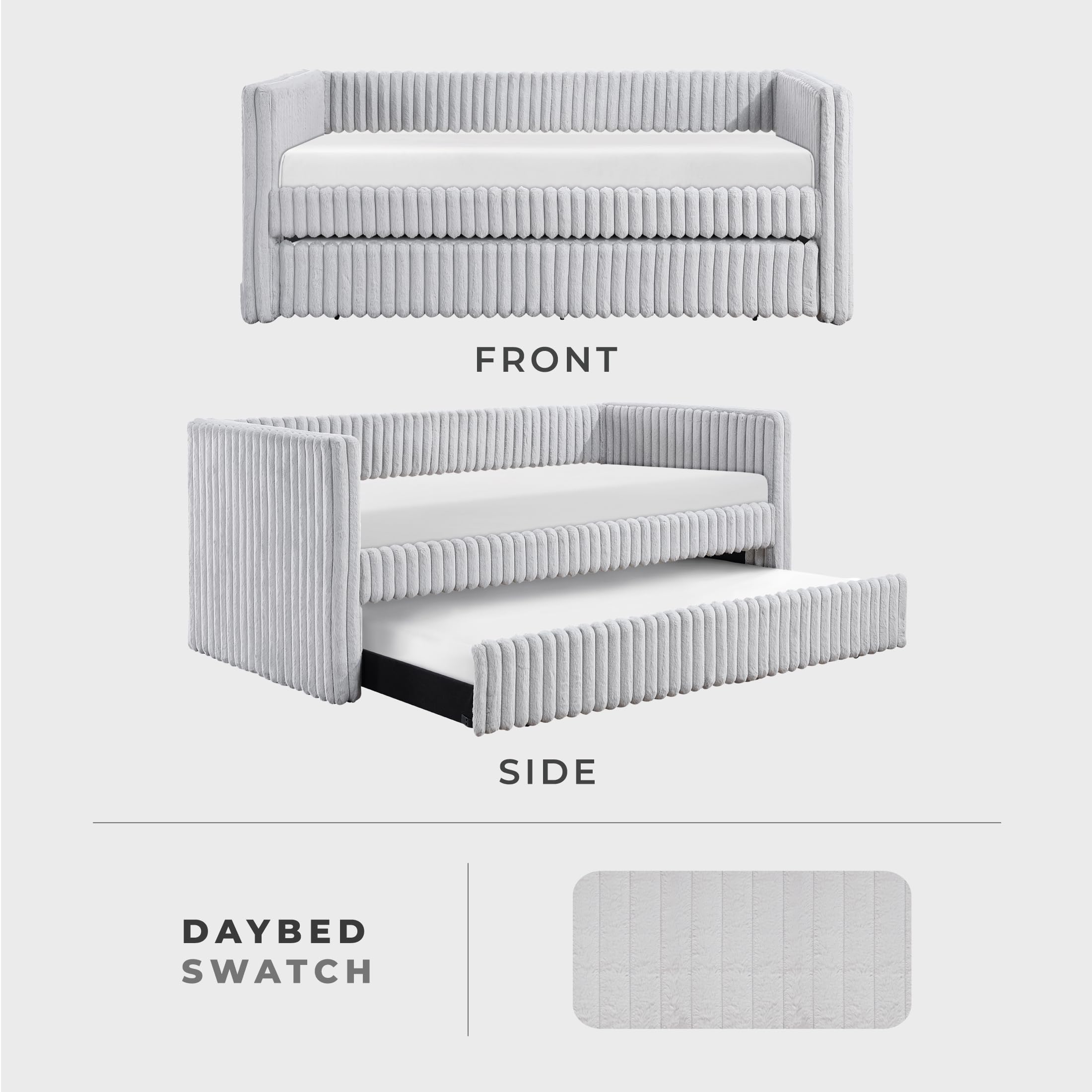 Lexicon Upholstered Daybed with Trundle, Corduroy Fabric Frame, Tufted, Backrest, Wood Slat Support, Trundle Sofa Bed for Bedroom, Guest Room, No Box Spring Needed, Twin, Gray - Image 4