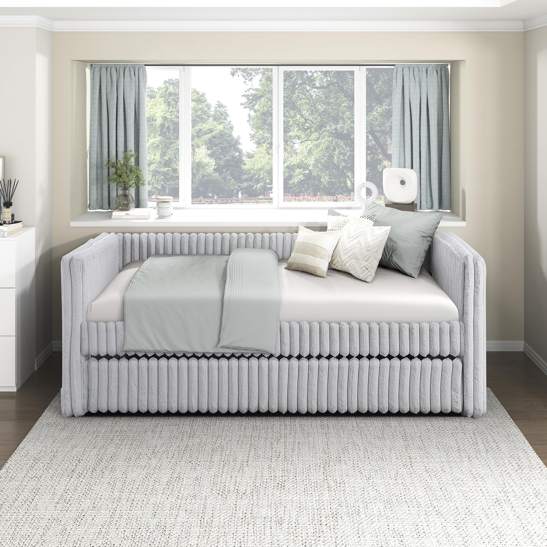 Lexicon Upholstered Daybed with Trundle, Corduroy Fabric Frame, Tufted, Backrest, Wood Slat Support, Trundle Sofa Bed for Bedroom, Guest Room, No Box Spring Needed, Twin, Gray - Image 5