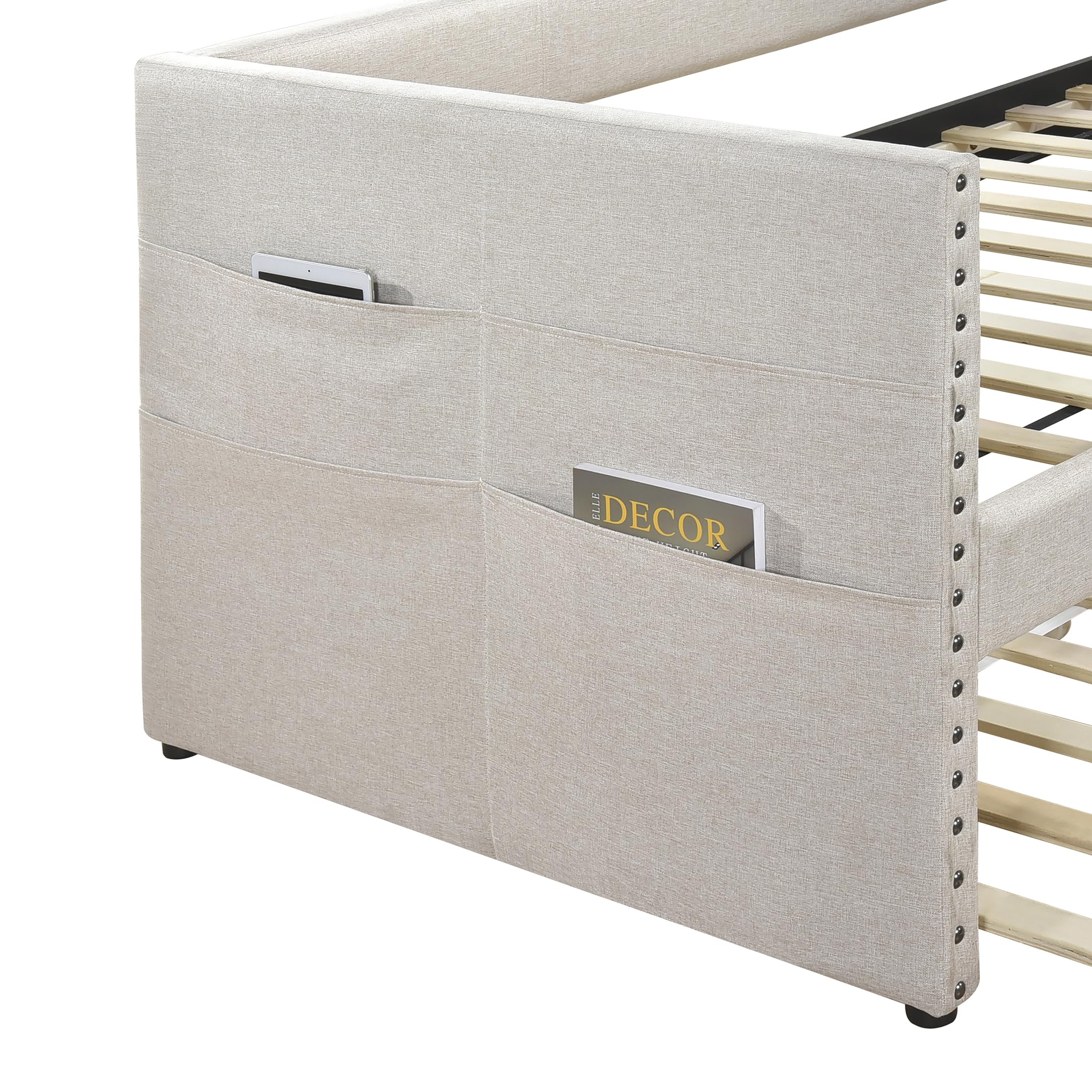 Lexicon Upholstered Daybed with Trundle, Fabric Daybed Frame, Storage Pockets, Nailhead Trim, Wood Slat Support, Trundle Day Bed Sofa Bed for Bedroom, Guest Room, No Box Spring Needed, Twin, Beige - Image 10