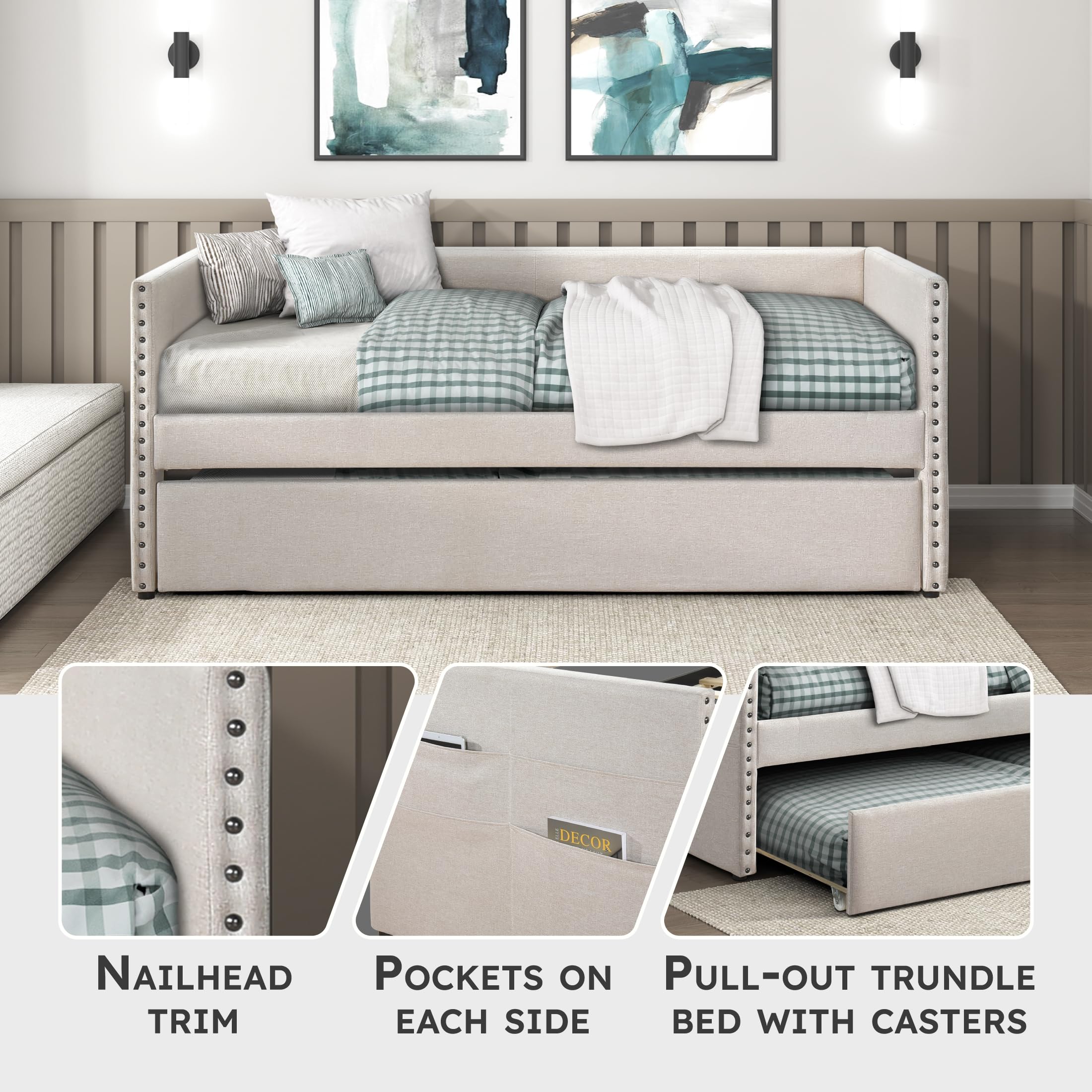 Lexicon Upholstered Daybed with Trundle, Fabric Daybed Frame, Storage Pockets, Nailhead Trim, Wood Slat Support, Trundle Day Bed Sofa Bed for Bedroom, Guest Room, No Box Spring Needed, Twin, Beige - Image 3