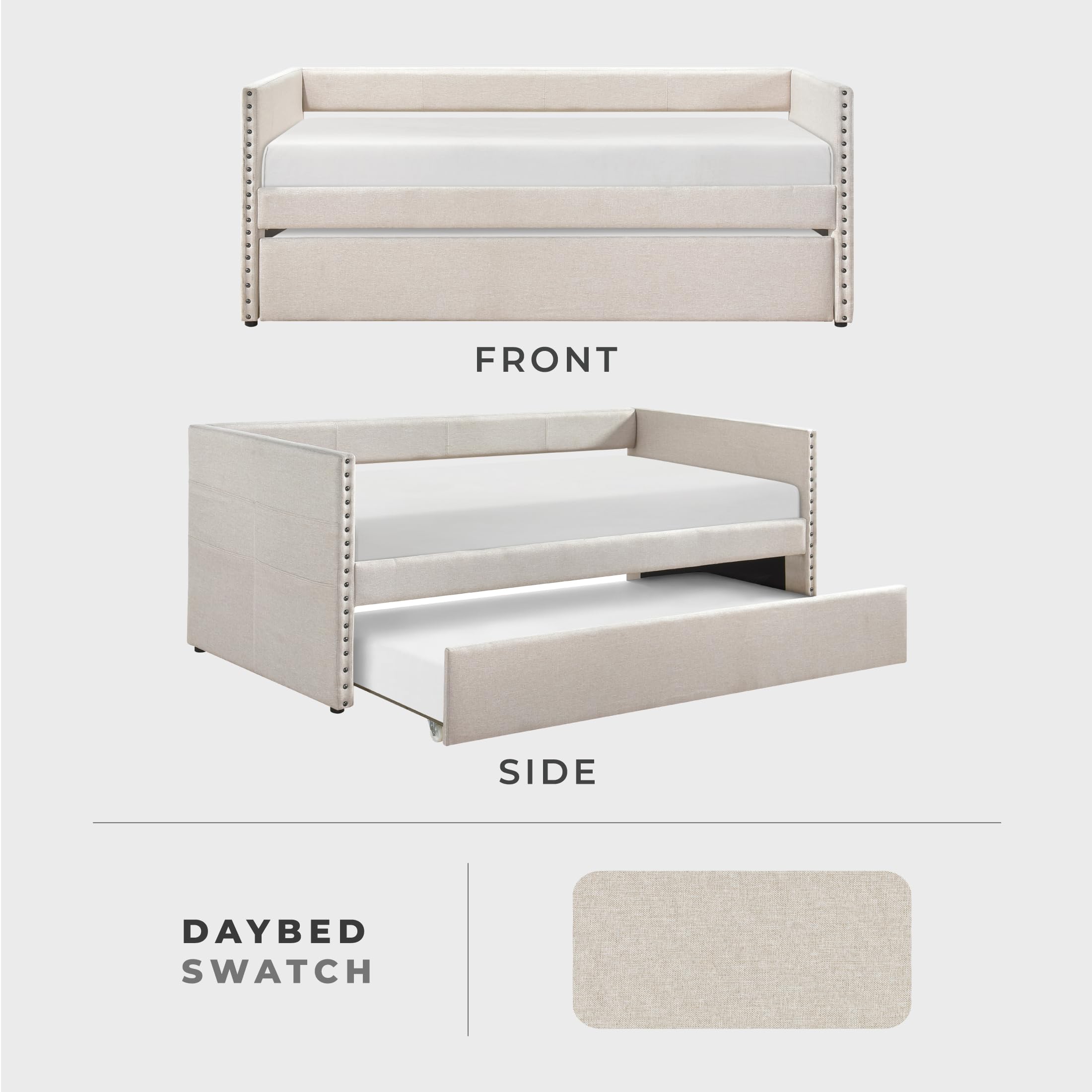 Lexicon Upholstered Daybed with Trundle, Fabric Daybed Frame, Storage Pockets, Nailhead Trim, Wood Slat Support, Trundle Day Bed Sofa Bed for Bedroom, Guest Room, No Box Spring Needed, Twin, Beige - Image 4