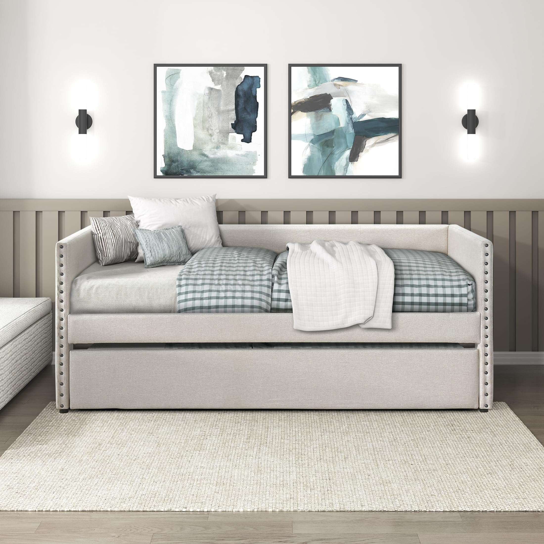 Lexicon Upholstered Daybed with Trundle, Fabric Daybed Frame, Storage Pockets, Nailhead Trim, Wood Slat Support, Trundle Day Bed Sofa Bed for Bedroom, Guest Room, No Box Spring Needed, Twin, Beige - Image 5