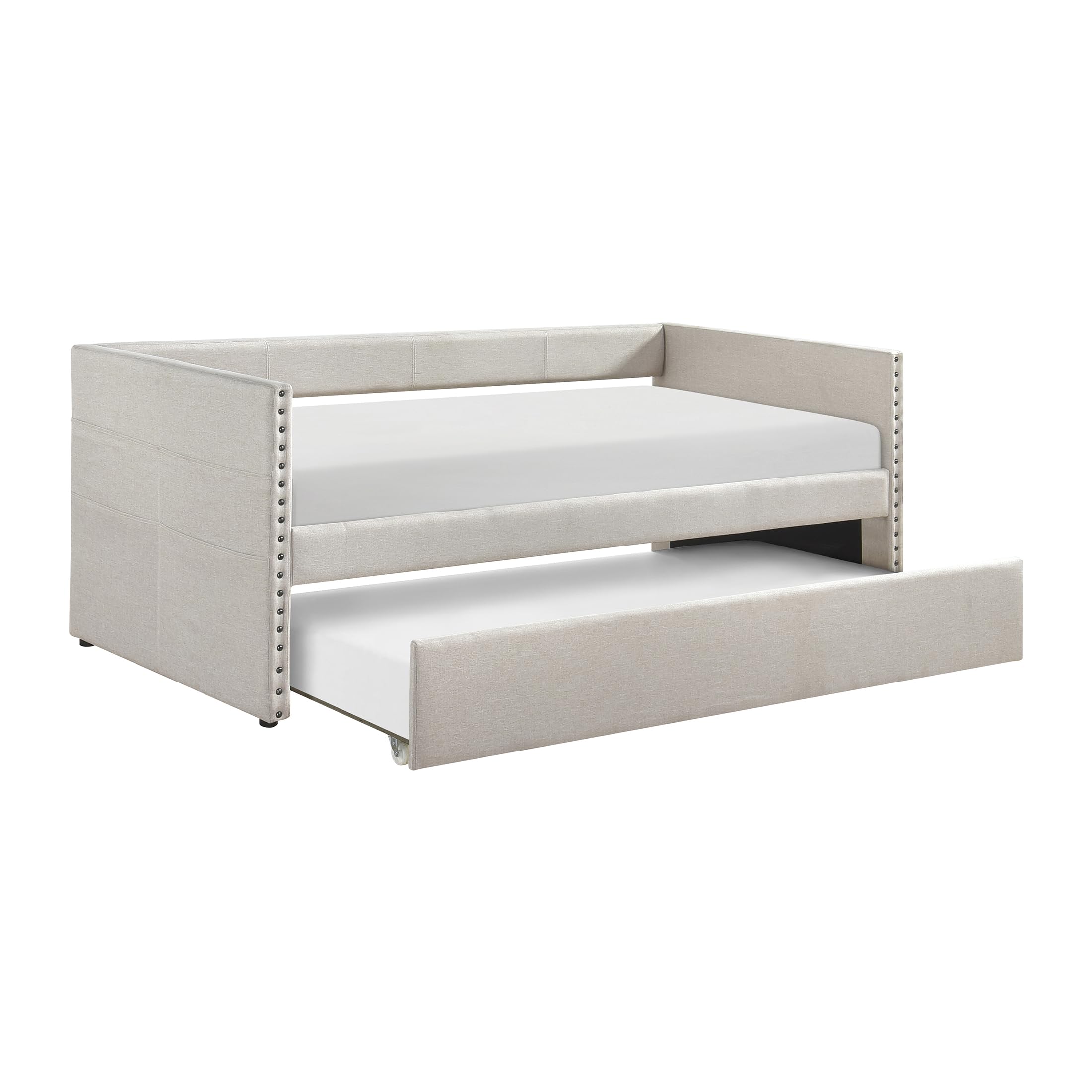 Lexicon Upholstered Daybed with Trundle, Fabric Daybed Frame, Storage Pockets, Nailhead Trim, Wood Slat Support, Trundle Day Bed Sofa Bed for Bedroom, Guest Room, No Box Spring Needed, Twin, Beige - Image 6