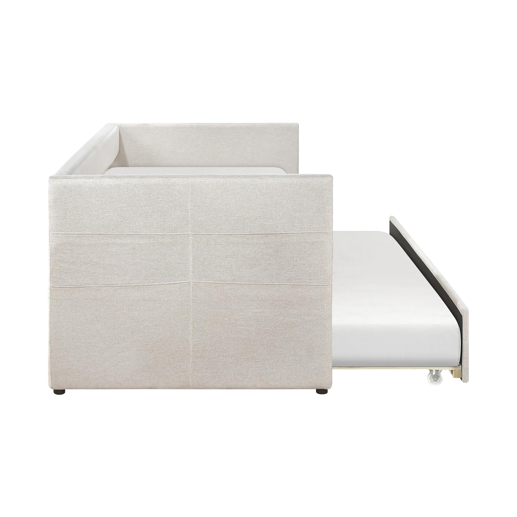Lexicon Upholstered Daybed with Trundle, Fabric Daybed Frame, Storage Pockets, Nailhead Trim, Wood Slat Support, Trundle Day Bed Sofa Bed for Bedroom, Guest Room, No Box Spring Needed, Twin, Beige - Image 7