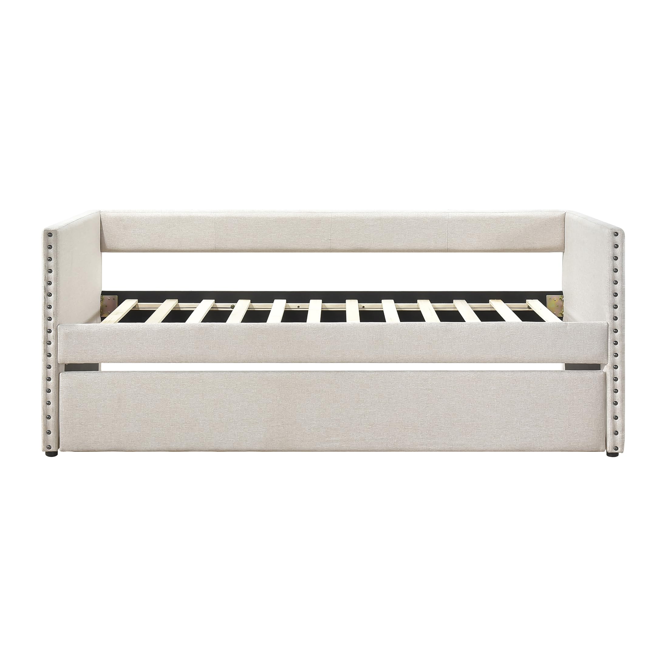 Lexicon Upholstered Daybed with Trundle, Fabric Daybed Frame, Storage Pockets, Nailhead Trim, Wood Slat Support, Trundle Day Bed Sofa Bed for Bedroom, Guest Room, No Box Spring Needed, Twin, Beige - Image 8