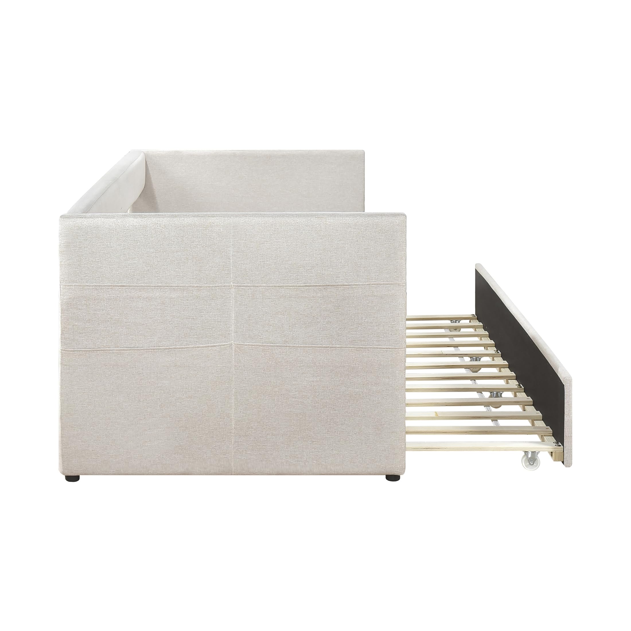 Lexicon Upholstered Daybed with Trundle, Fabric Daybed Frame, Storage Pockets, Nailhead Trim, Wood Slat Support, Trundle Day Bed Sofa Bed for Bedroom, Guest Room, No Box Spring Needed, Twin, Beige - Image 9