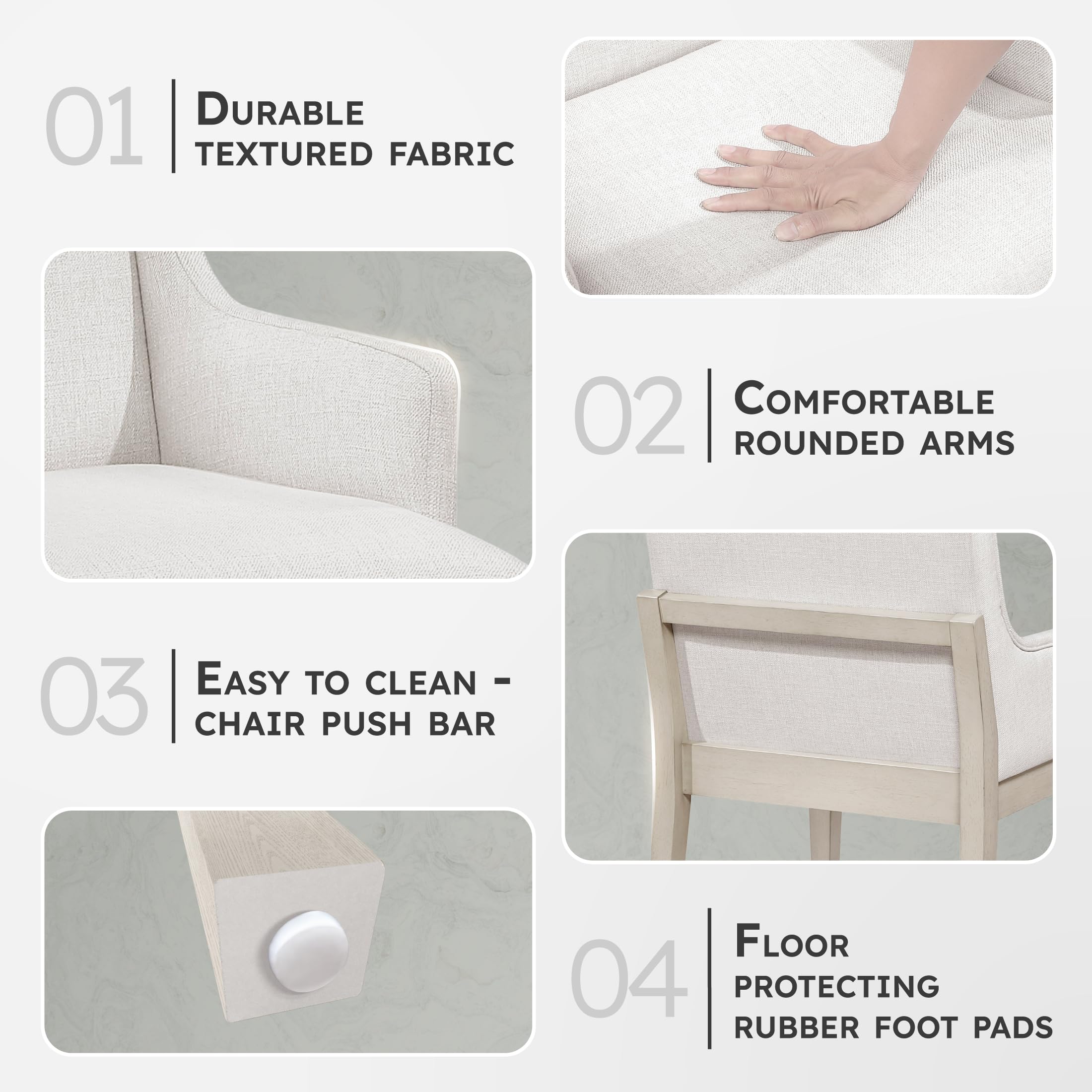 Lexicon Upholstered Dining Chairs Set of 2 - Antique White Sturdy Solid Wood Frame, Sloped Arm, Textured Fabric Upholstered Kitchen Arm Chairs for Dining Room, Living Room, Assembly Required, Ivory - Image 3