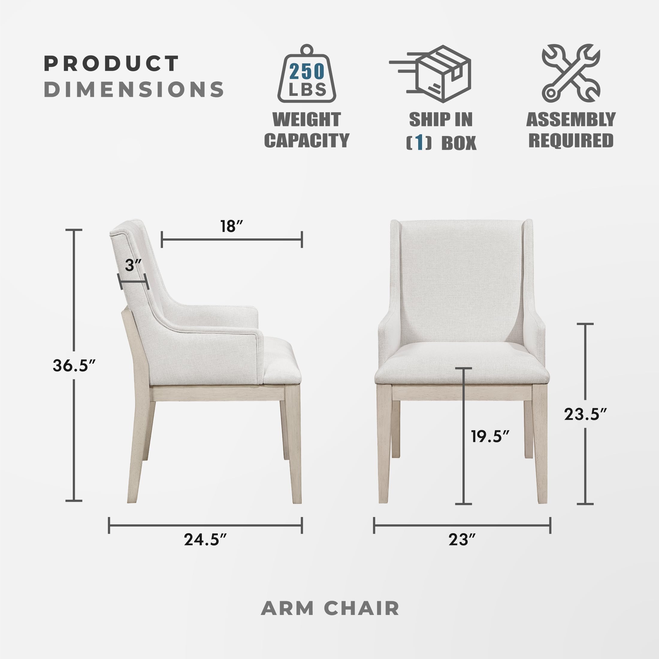 Lexicon Upholstered Dining Chairs Set of 2 - Antique White Sturdy Solid Wood Frame, Sloped Arm, Textured Fabric Upholstered Kitchen Arm Chairs for Dining Room, Living Room, Assembly Required, Ivory - Image 4