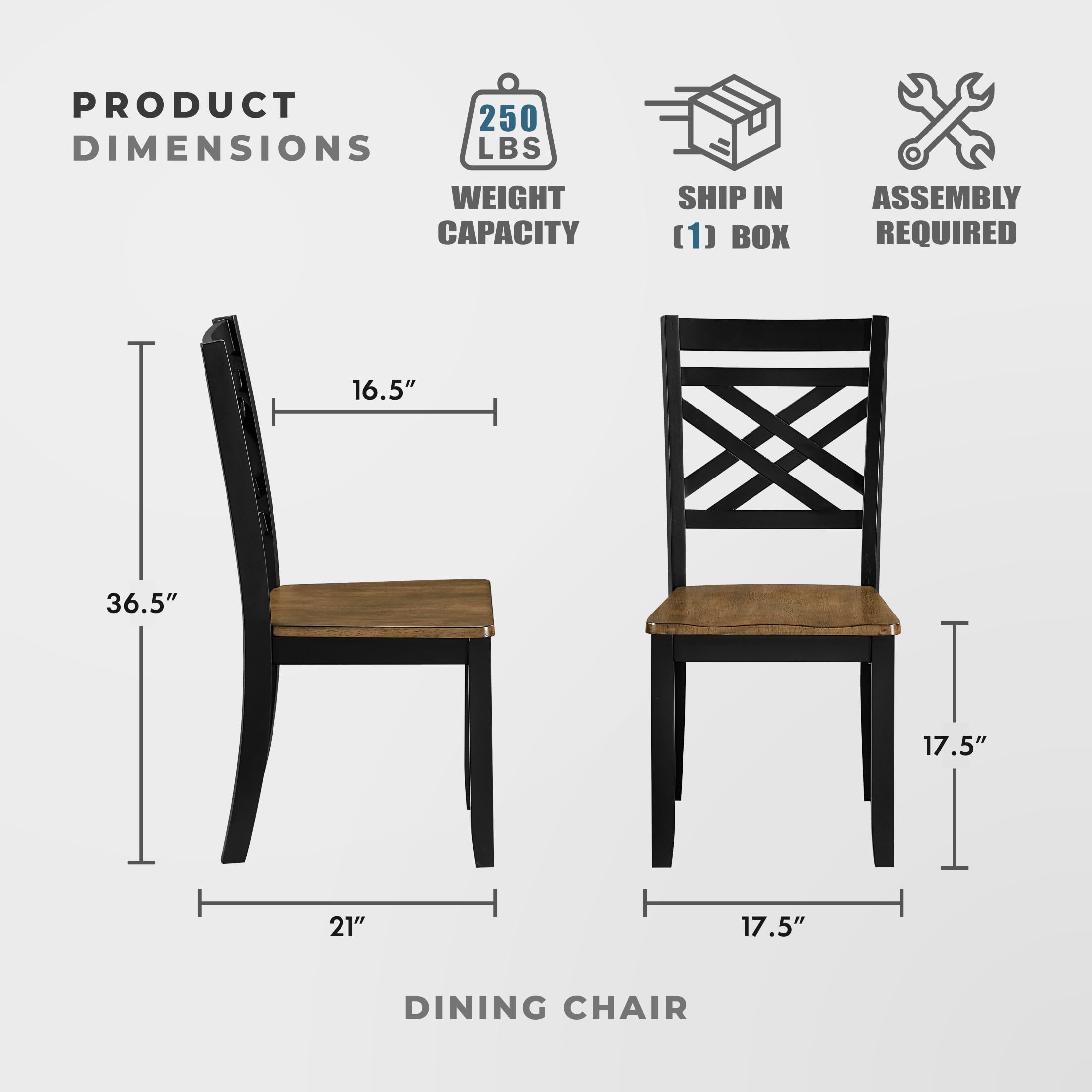 Lexicon Wooden Dining Chairs Set of 2 - Sturdy Solid Wood Frame, Cottage Cross Back, Modern Wood Armless Kitchen Chairs for Dining Room, Kitchen, Assembly Required, Two-Tone Finish (Brown and Black) - Image 3